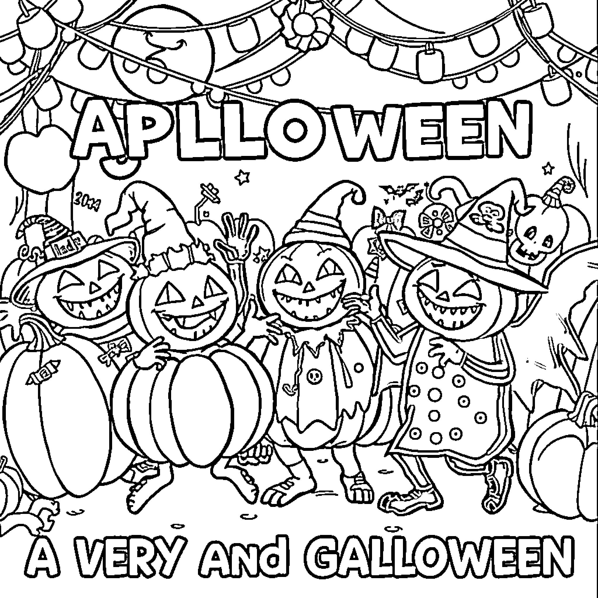 Pumpkin-themed Halloween party with costumed characters Coloring Page (free black-and-white line drawing printable PDF for all, from beginners to advanced learners, including children, teens, adults, and seniors)