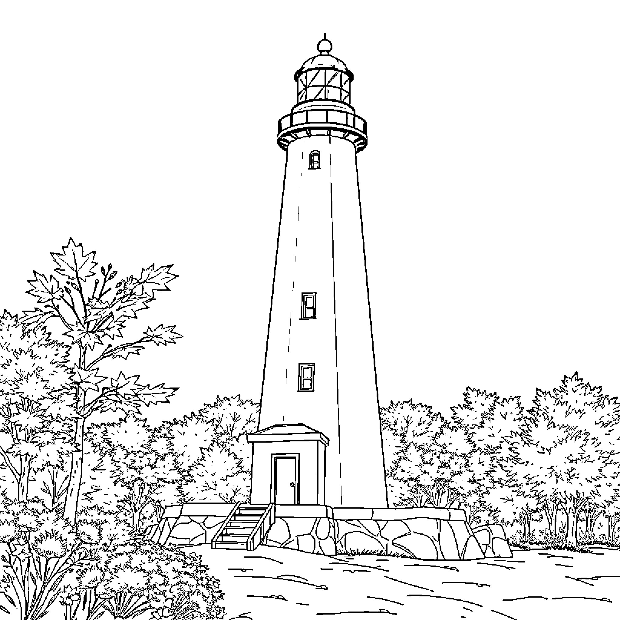Lighthouse amidst serene natural surroundings Coloring Page (free black-and-white line drawing printable PDF for all, from beginners to advanced learners, including children, teens, adults, and seniors)