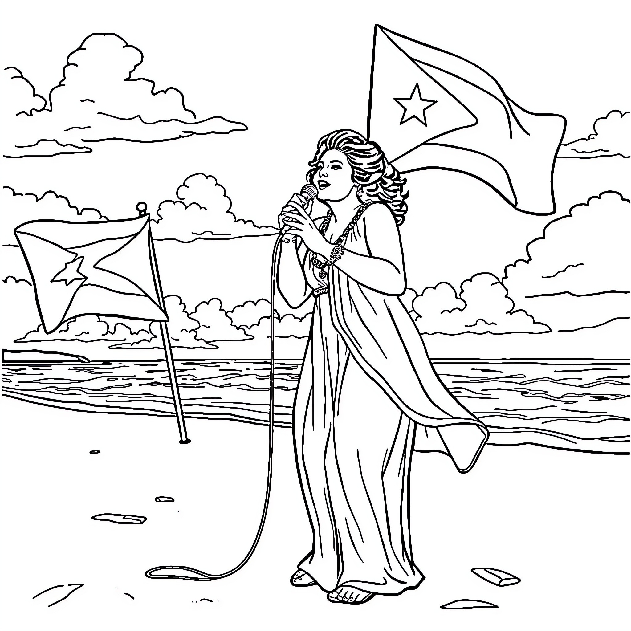 Olga Tañón stands proudly with flags in a scenic landscape Coloring Page (free black-and-white line drawing printable PDF for all, from beginners to advanced learners, including children, teens, adults, and seniors)