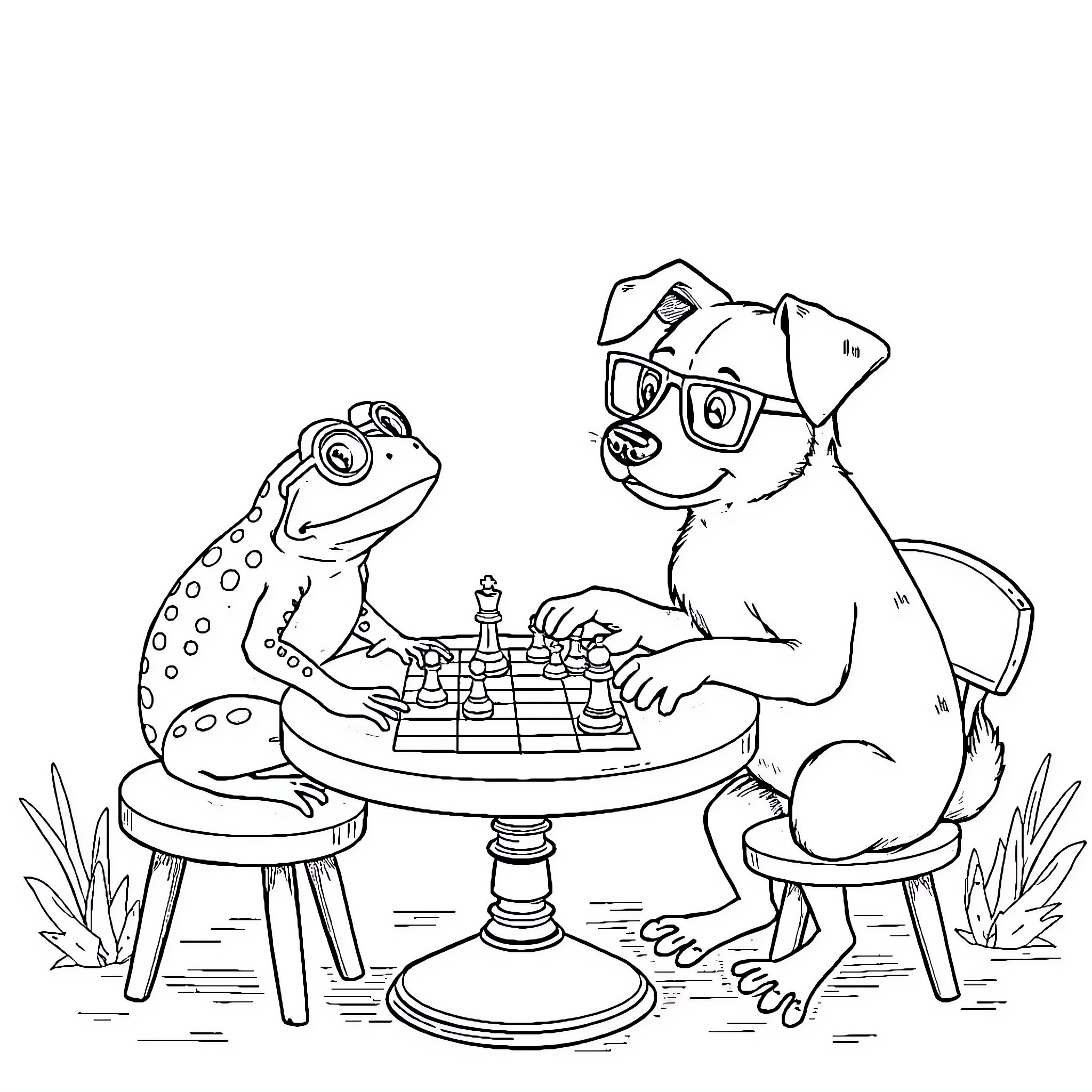 Dog and frog playing chess together Coloring Page (free black-and-white line drawing printable PDF for all, from beginners to advanced learners, including children, teens, adults, and seniors)
