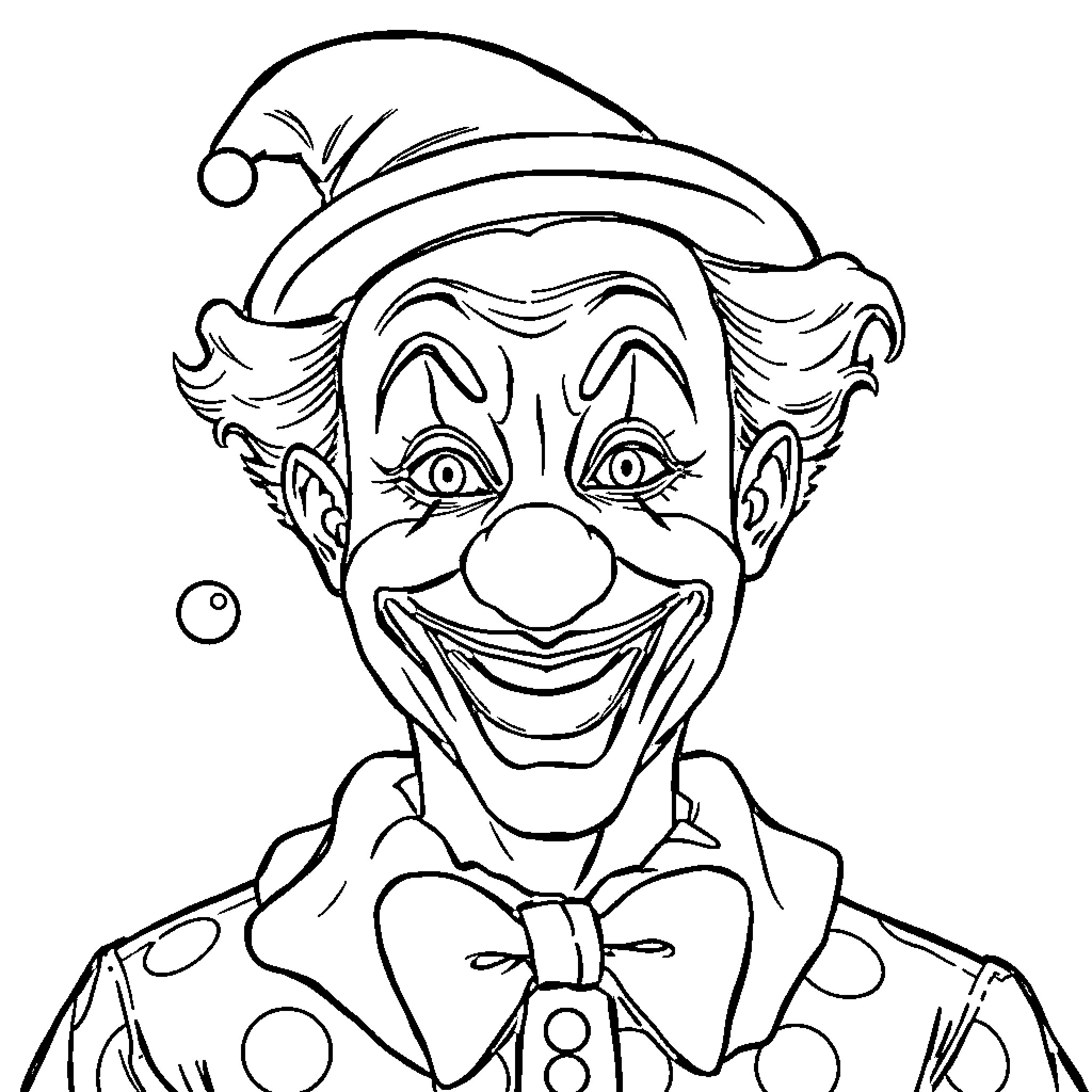 Clown with a whimsical expression and festive attire Coloring Page (free black-and-white line drawing printable PDF for all, from beginners to advanced learners, including children, teens, adults, and seniors)