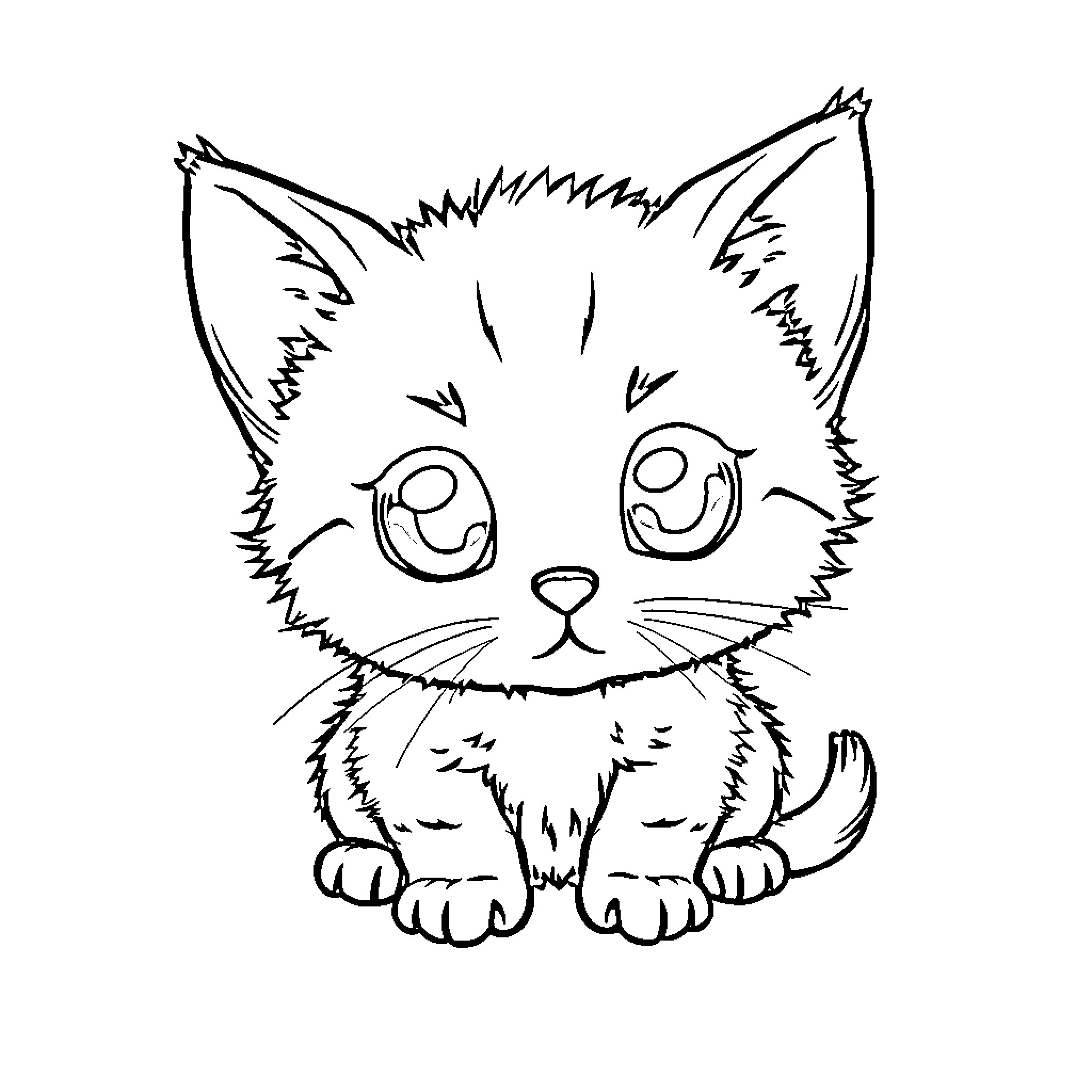 Kitten with big eyes and fuzzy fur Coloring Page (free black-and-white line drawing printable PDF for all, from beginners to advanced learners, including children, teens, adults, and seniors)
