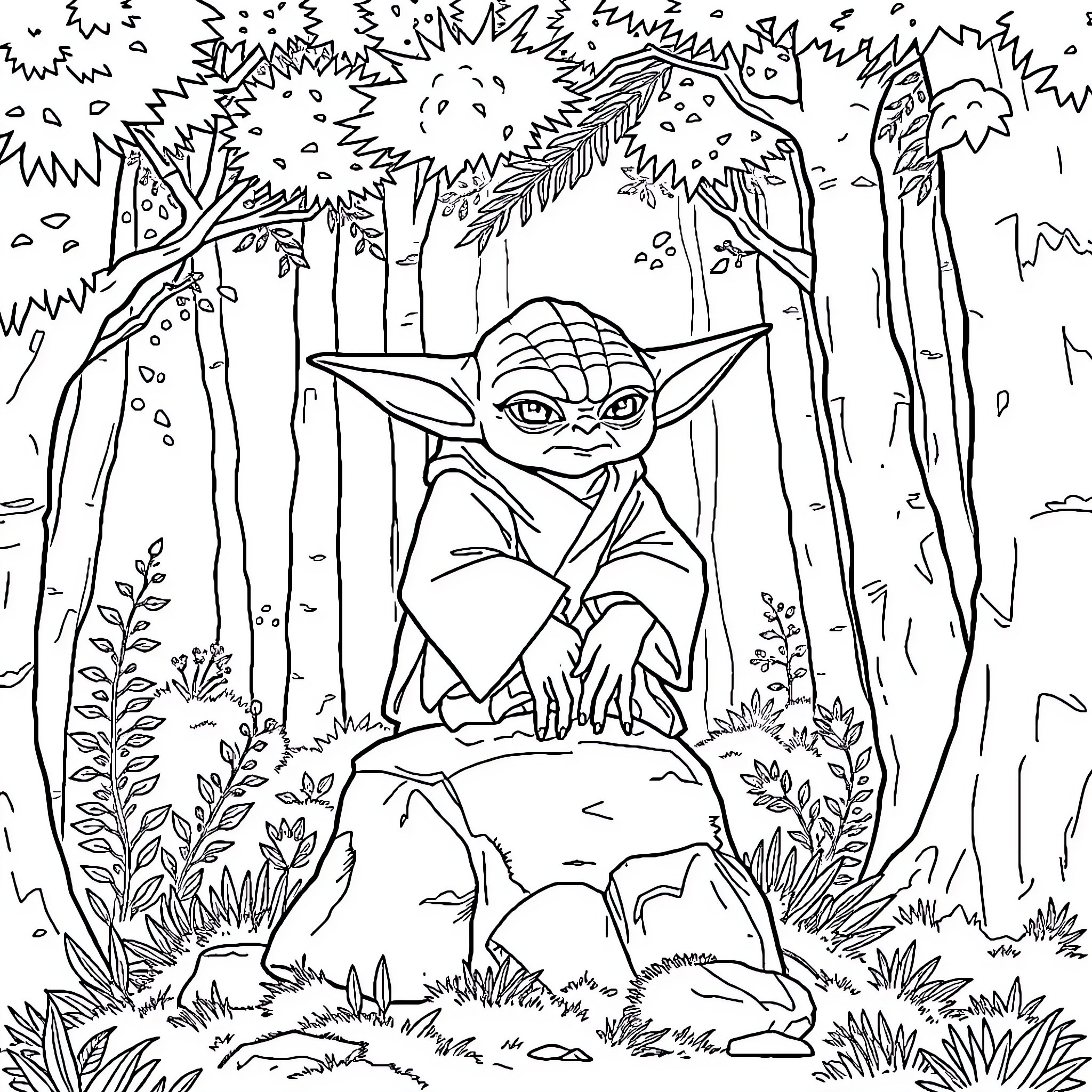 Yoda meditating in the serene forest Coloring Page (free black-and-white line drawing printable PDF for all, from beginners to advanced learners, including children, teens, adults, and seniors)