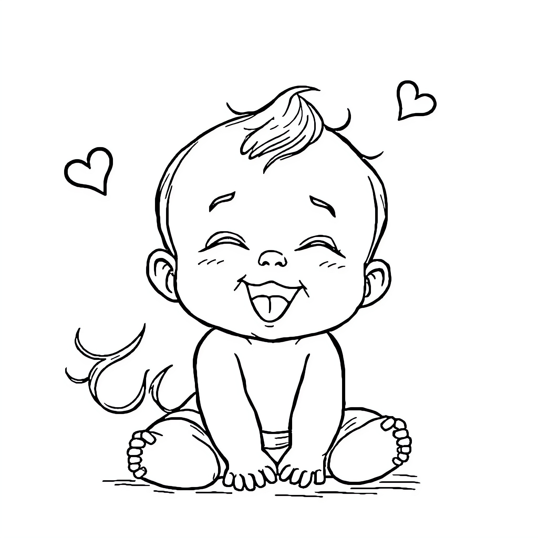 Baby cheerfully laughing and surrounded by hearts Coloring Page (free black-and-white line drawing printable PDF for all, from beginners to advanced learners, including children, teens, adults, and seniors)