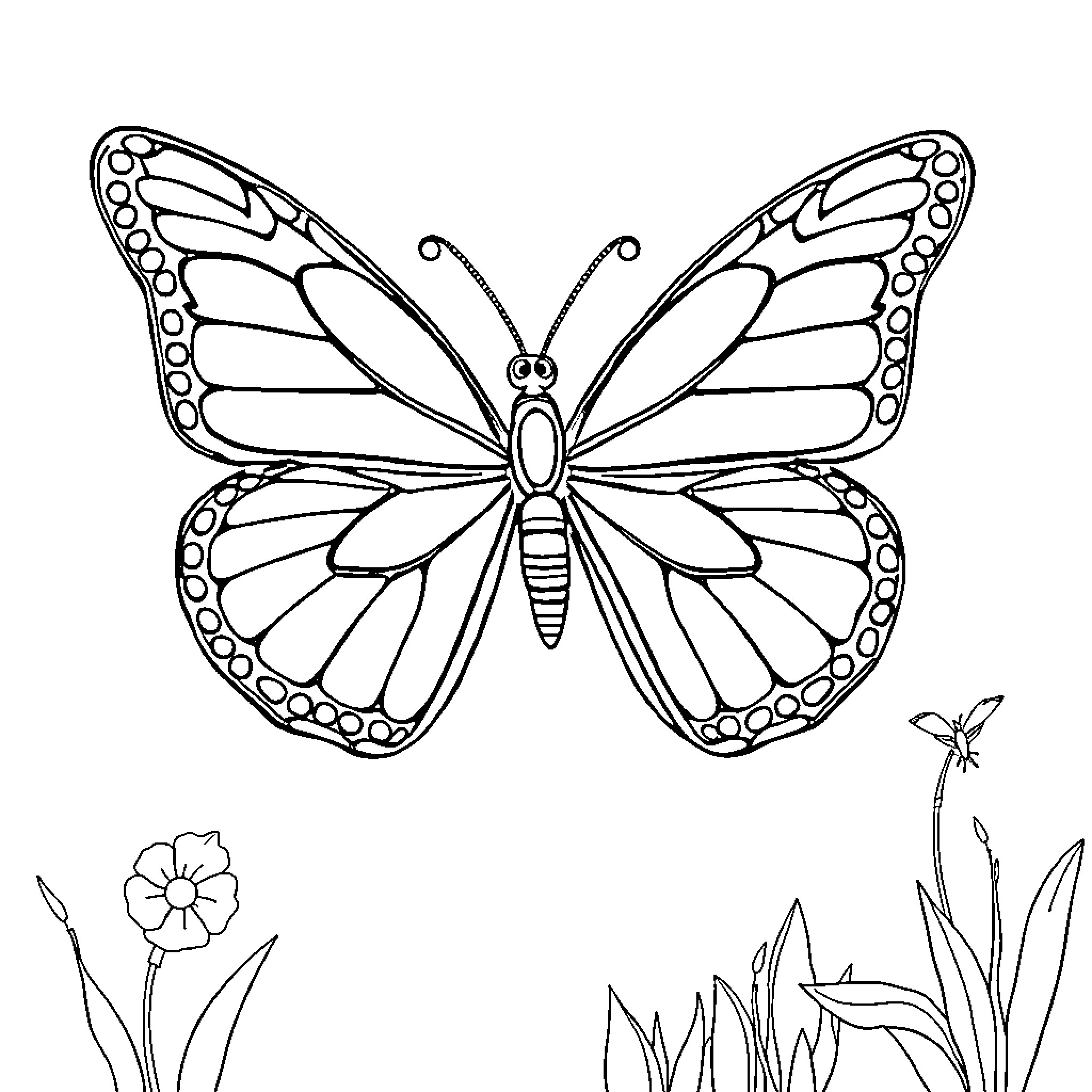 Butterfly in Flight amid Nature Coloring Page (free black-and-white line drawing printable PDF for all, from beginners to advanced learners, including children, teens, adults, and seniors)