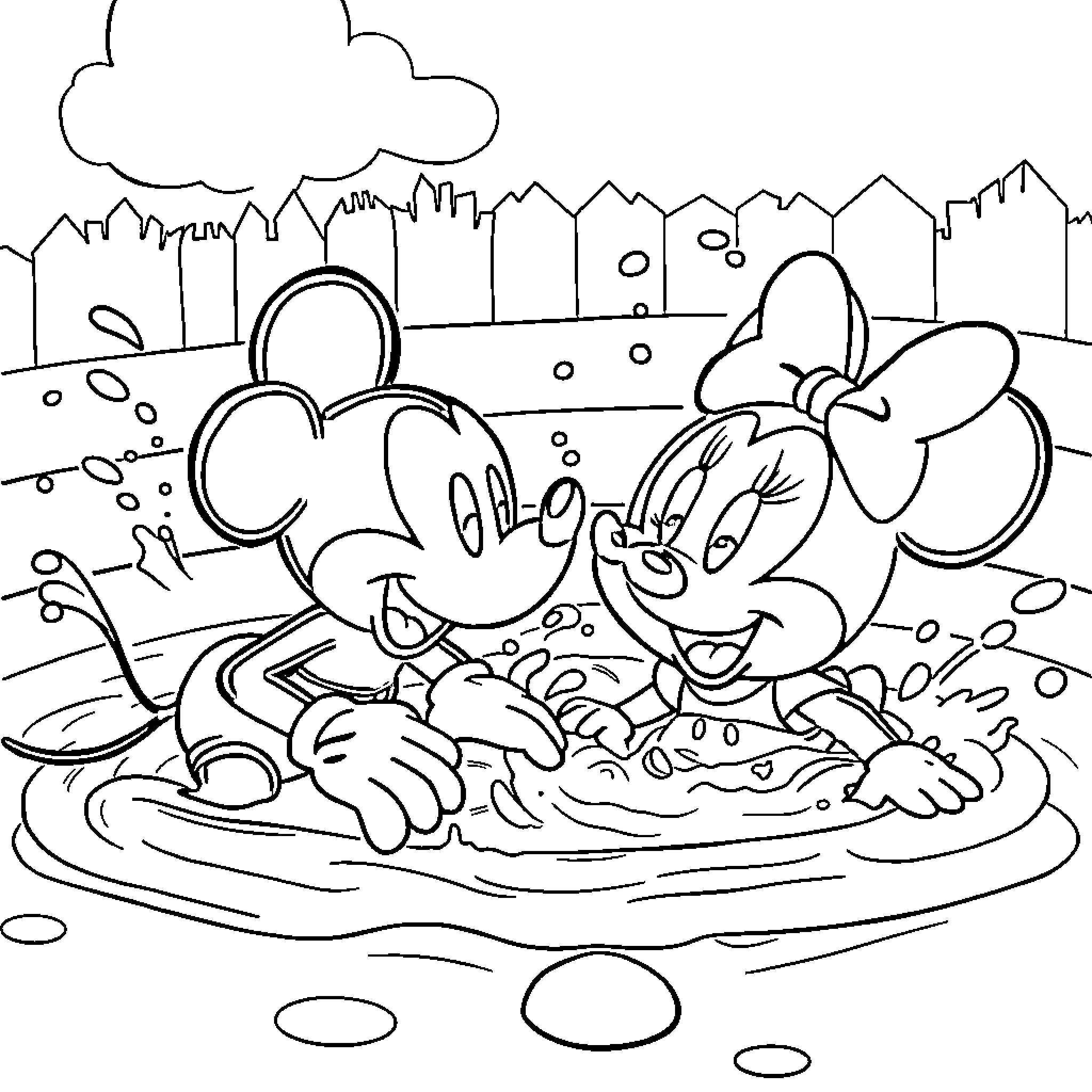 Mickey Mouse and Minnie Mouse splashing in the water Coloring Page (free black-and-white line drawing printable PDF for all, from beginners to advanced learners, including children, teens, adults, and seniors)