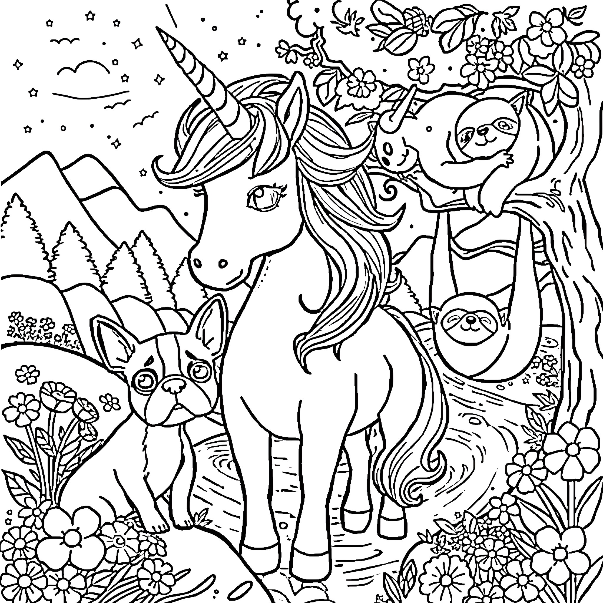 Unicorn and Friends in a Whimsical Wonderland Coloring Page (free black-and-white line drawing printable PDF for all, from beginners to advanced learners, including children, teens, adults, and seniors)