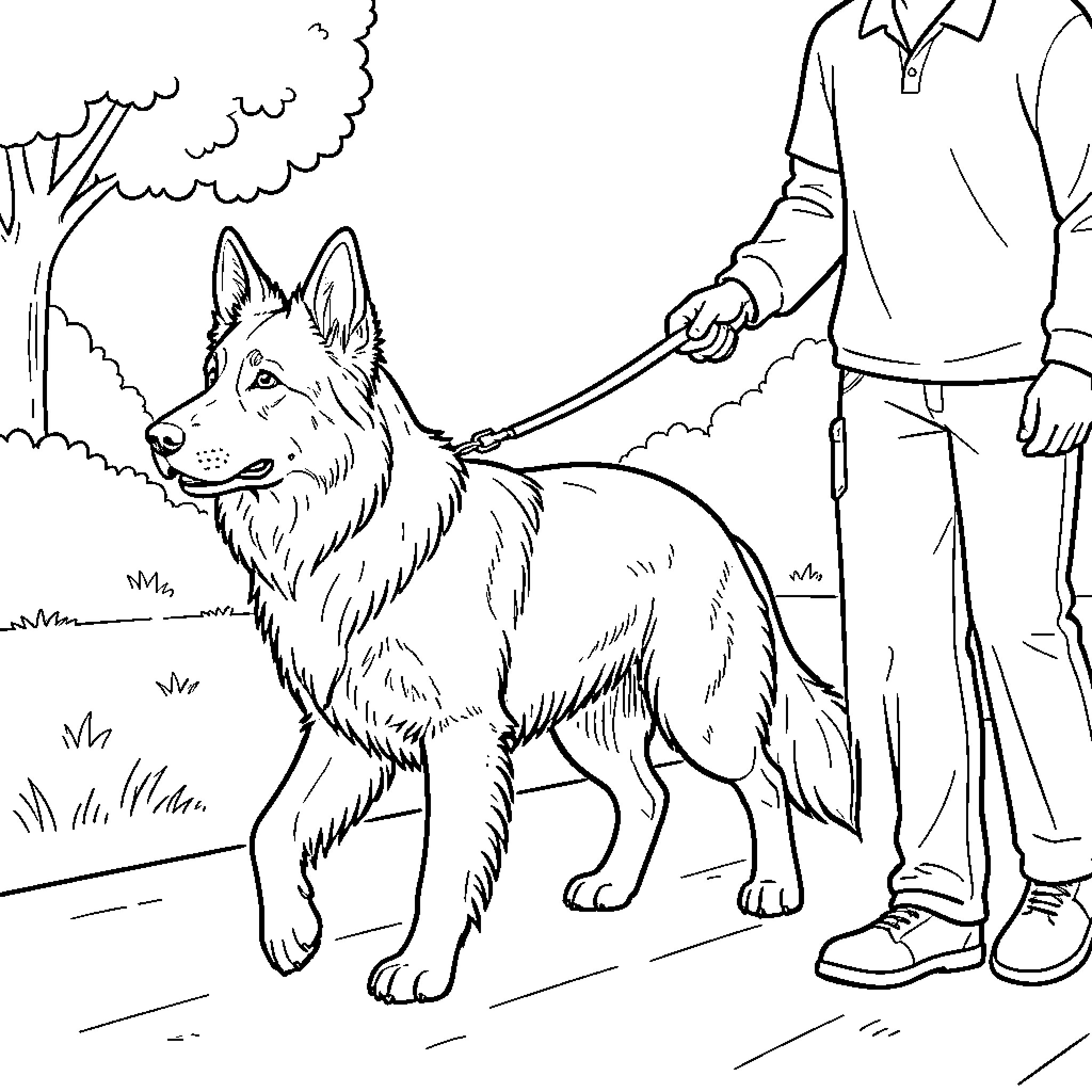 Dutch Shepherd being walked on a leash by a person Coloring Page (free black-and-white line drawing printable PDF for all, from beginners to advanced learners, including children, teens, adults, and seniors)