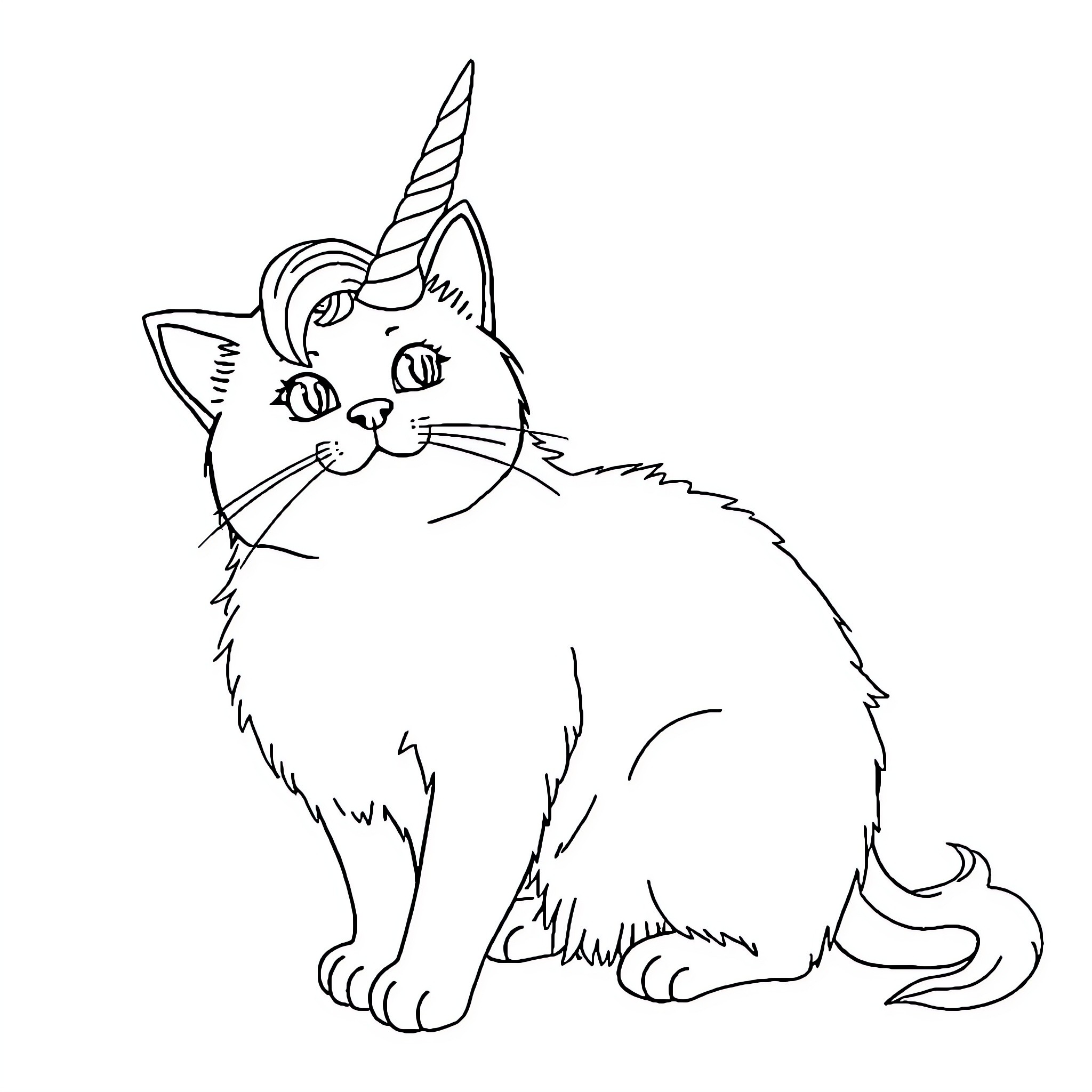 Unicorn Cat posing with a horn Coloring Page (free black-and-white line drawing printable PDF for all, from beginners to advanced learners, including children, teens, adults, and seniors)