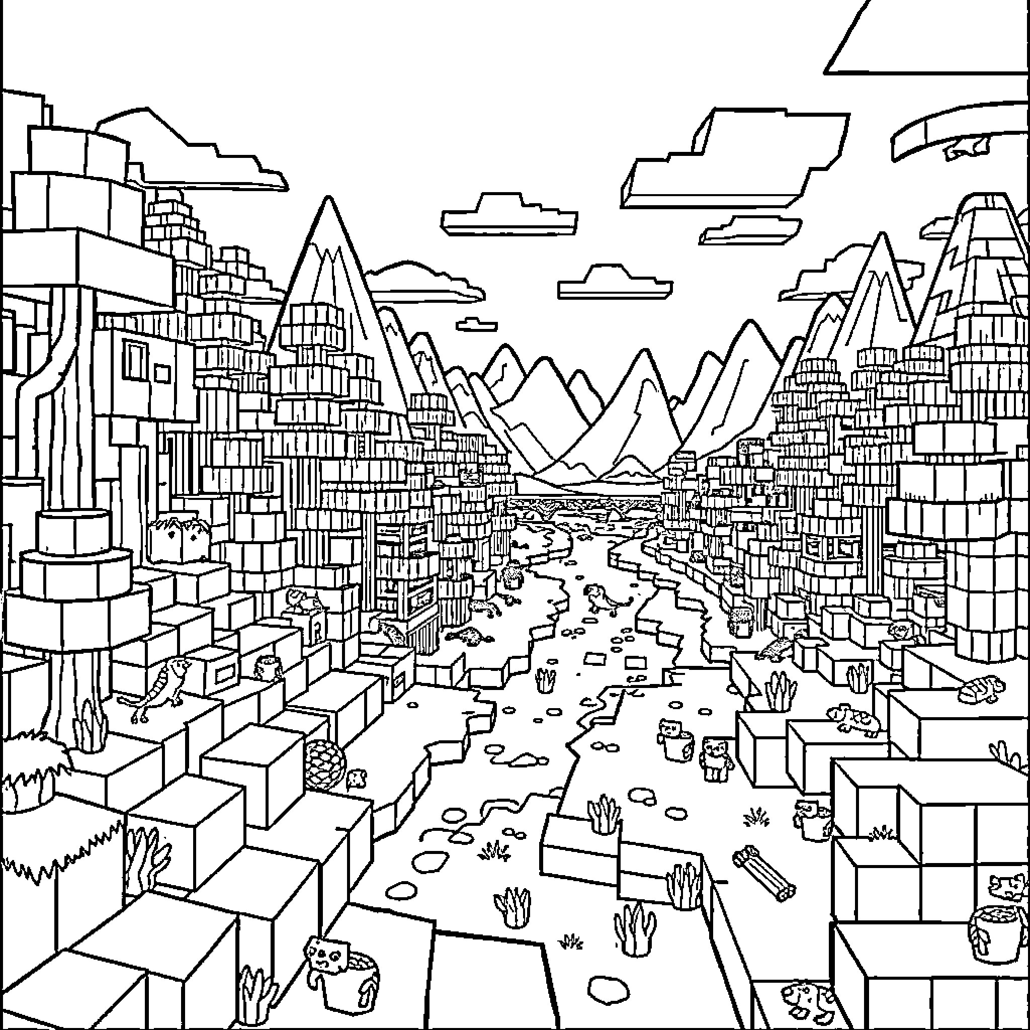 Minecraft Cityscape with Mountainous Landscape Coloring Page (free black-and-white line drawing printable PDF for all, from beginners to advanced learners, including children, teens, adults, and seniors)