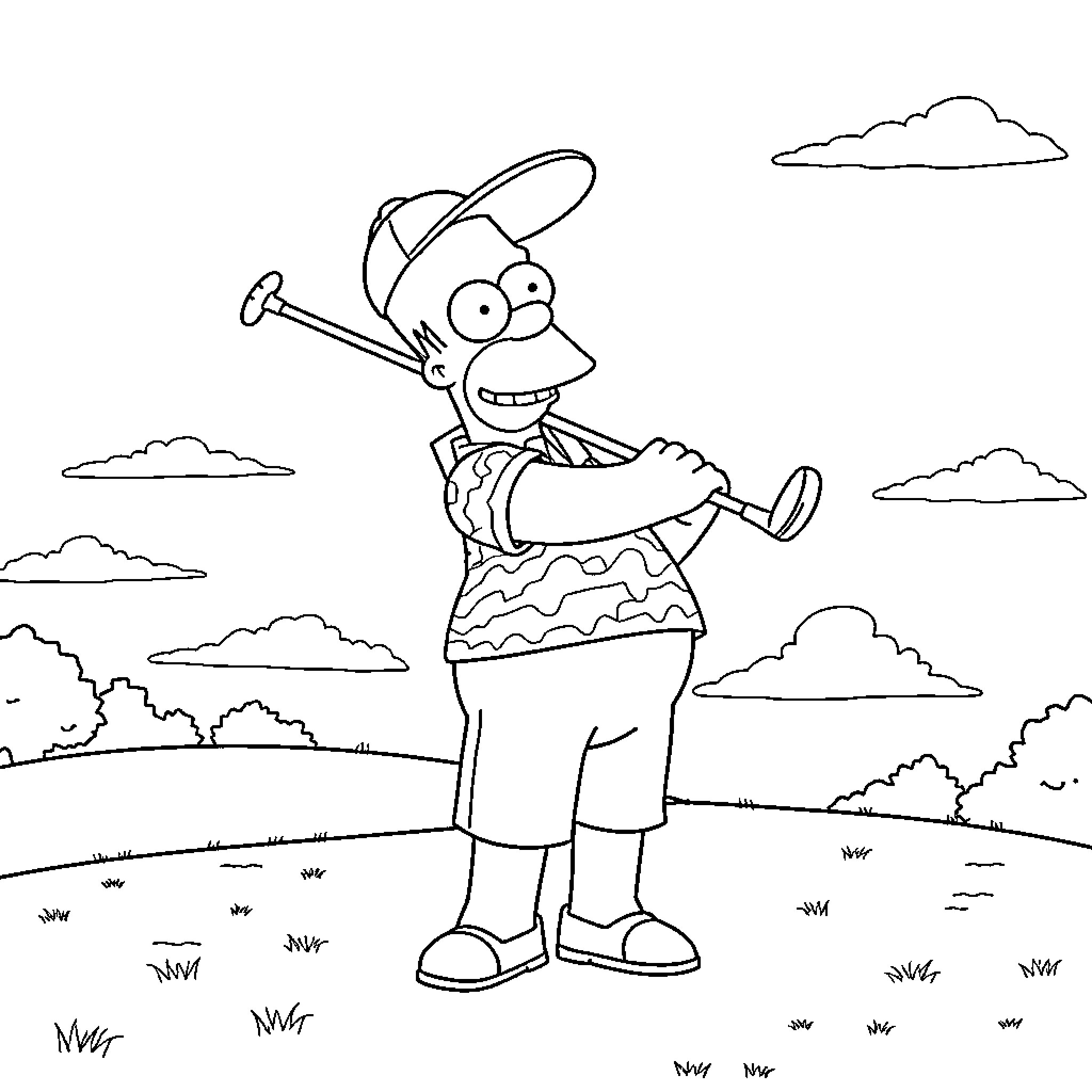 Homer Simpson fishing in the countryside Coloring Page (free black-and-white line drawing printable PDF for all, from beginners to advanced learners, including children, teens, adults, and seniors)