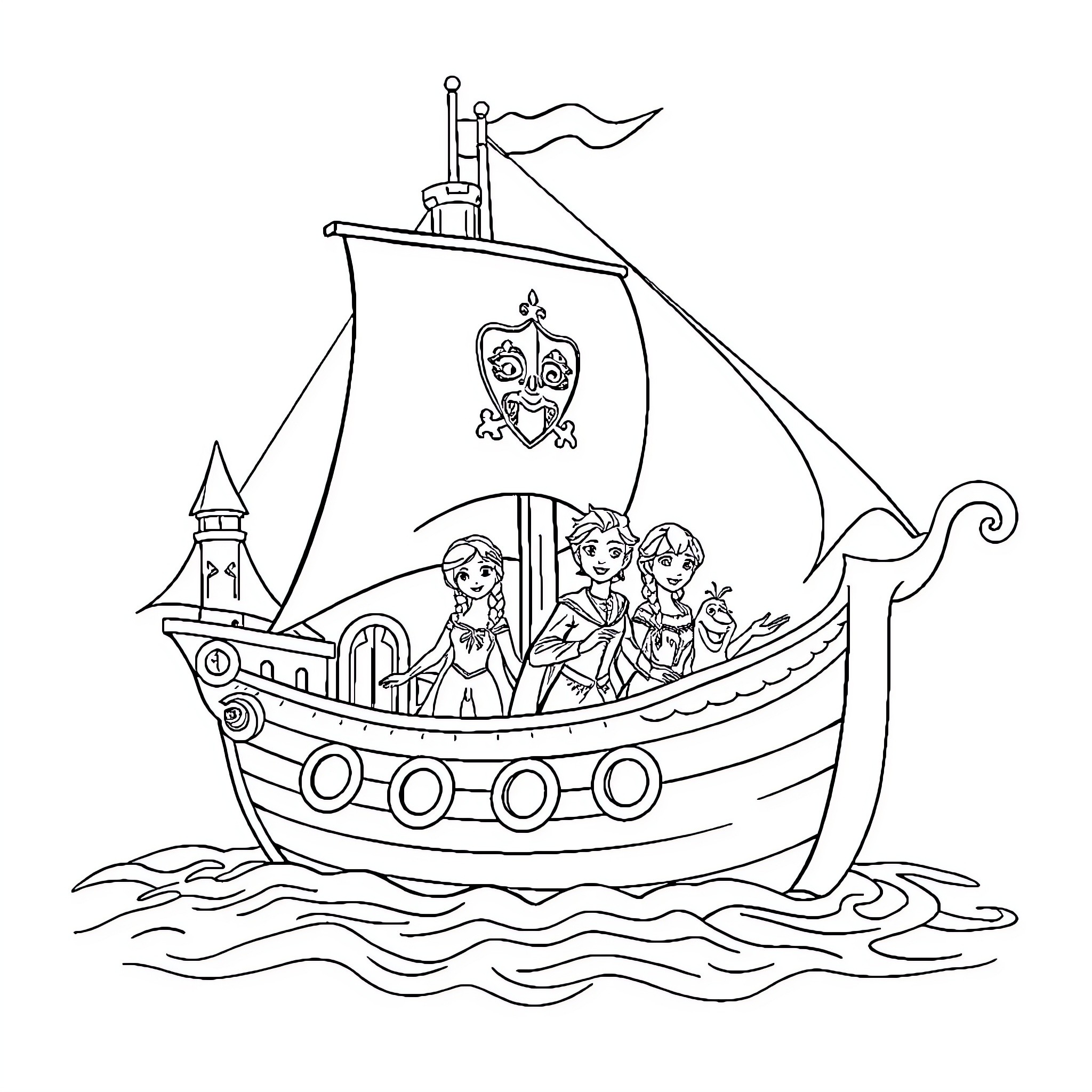Pirate Ship with Crew Sailing on the High Seas Coloring Page (free black-and-white line drawing printable PDF for all, from beginners to advanced learners, including children, teens, adults, and seniors)