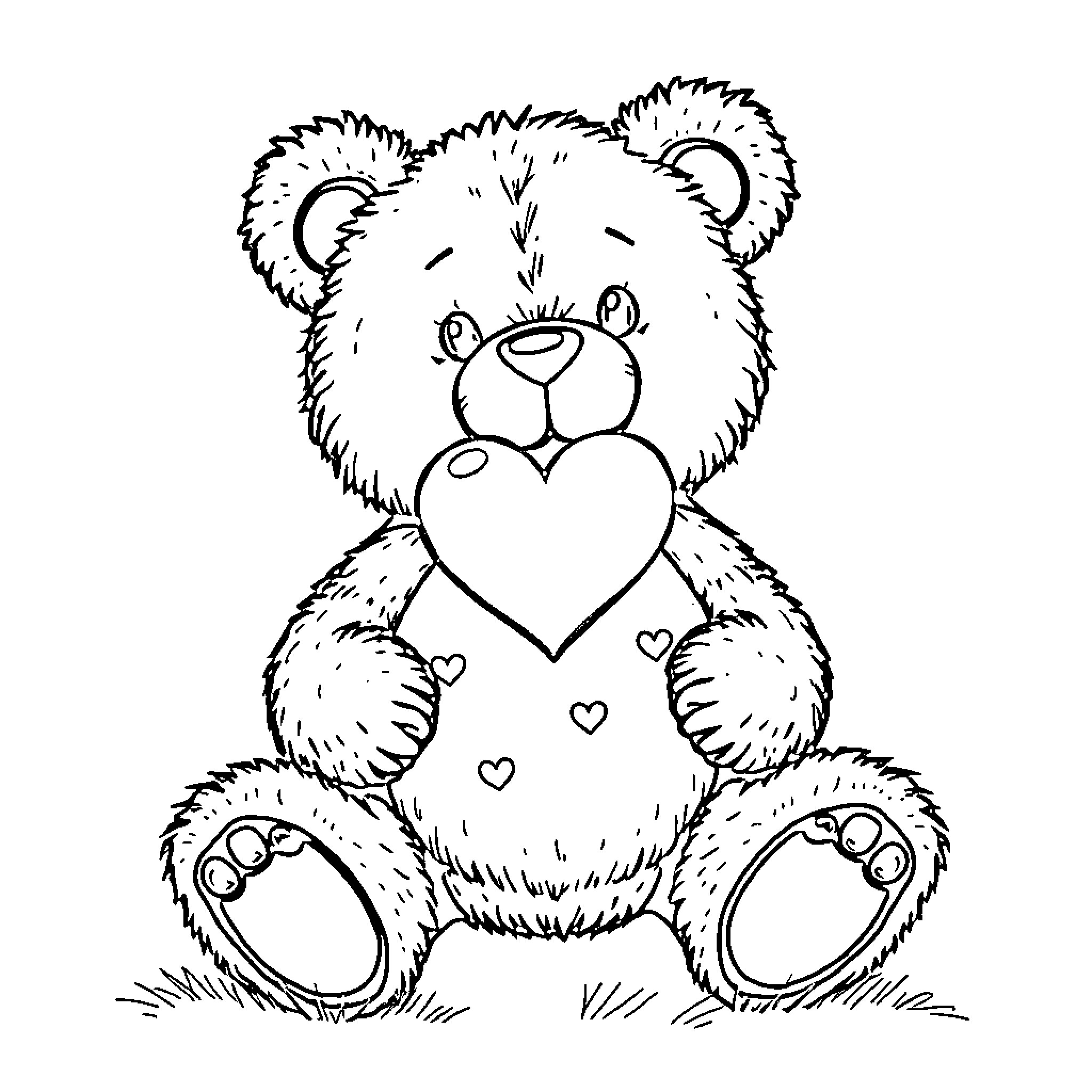 Teddy Bear Holding a Heart-Shaped Pillow Coloring Page (free black-and-white line drawing printable PDF for all, from beginners to advanced learners, including children, teens, adults, and seniors)
