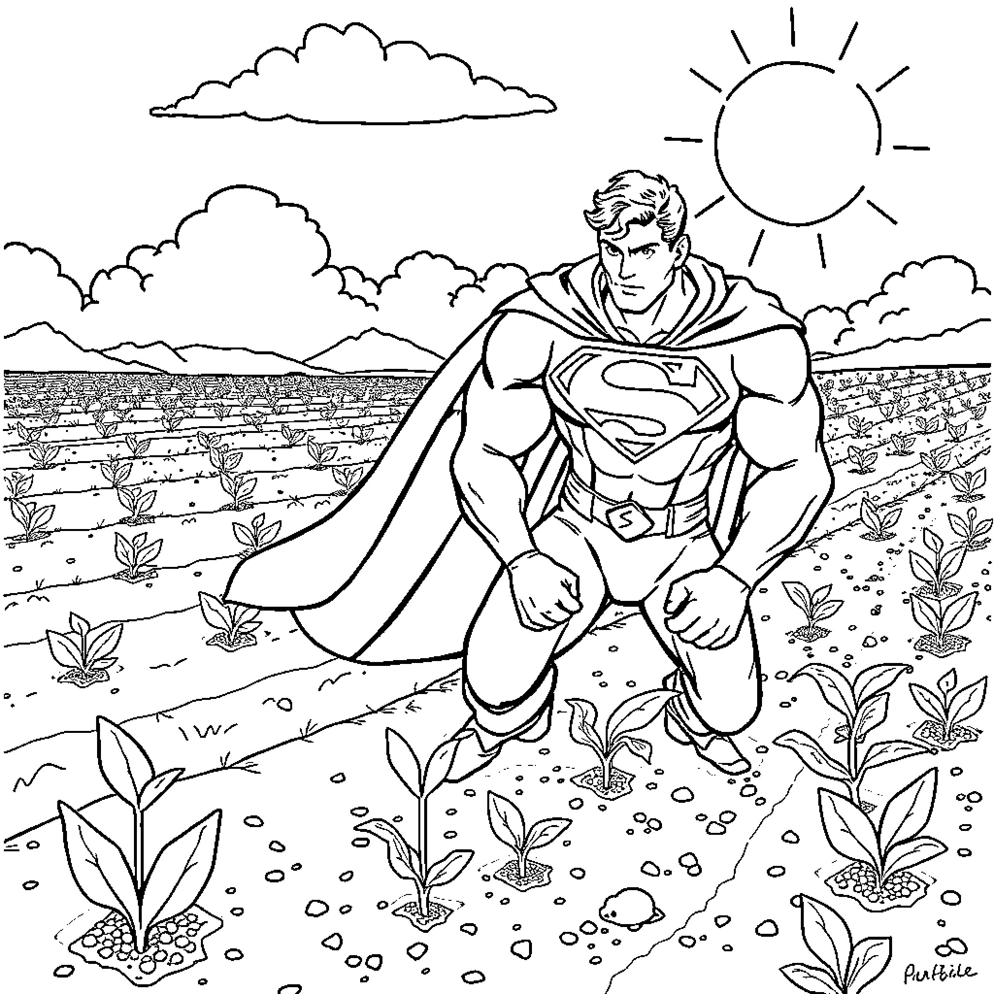 Superman heroically surveying the countryside Coloring Page (free black-and-white line drawing printable PDF for all, from beginners to advanced learners, including children, teens, adults, and seniors)