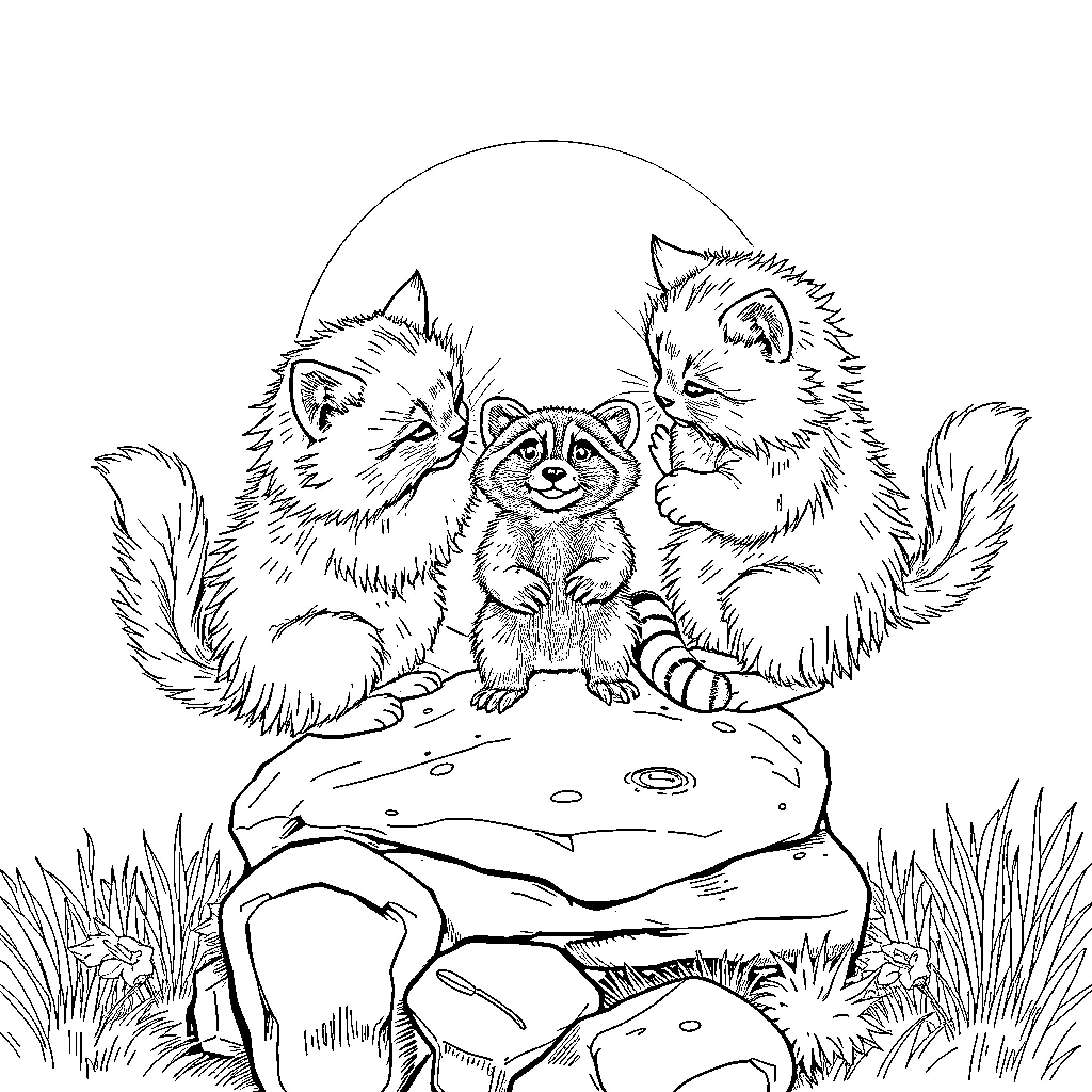 Cat friends explore the mushroom forest Coloring Page (free black-and-white line drawing printable PDF for all, from beginners to advanced learners, including children, teens, adults, and seniors)