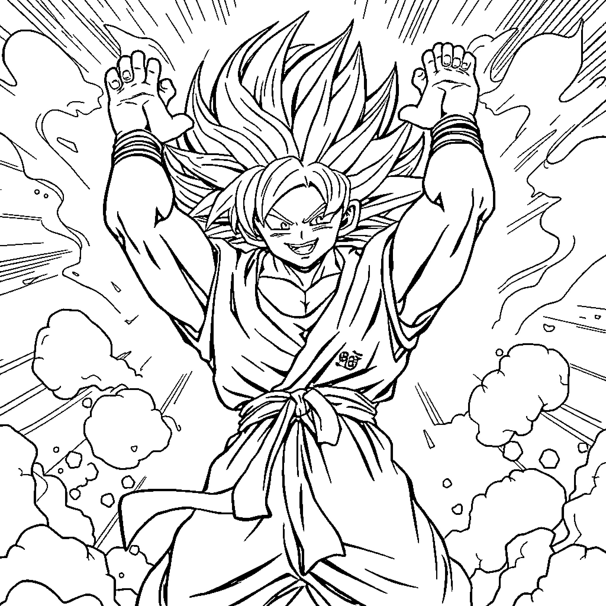 Son Goku unleashing his powerful energy in battle Coloring Page (free black-and-white line drawing printable PDF for all, from beginners to advanced learners, including children, teens, adults, and seniors)