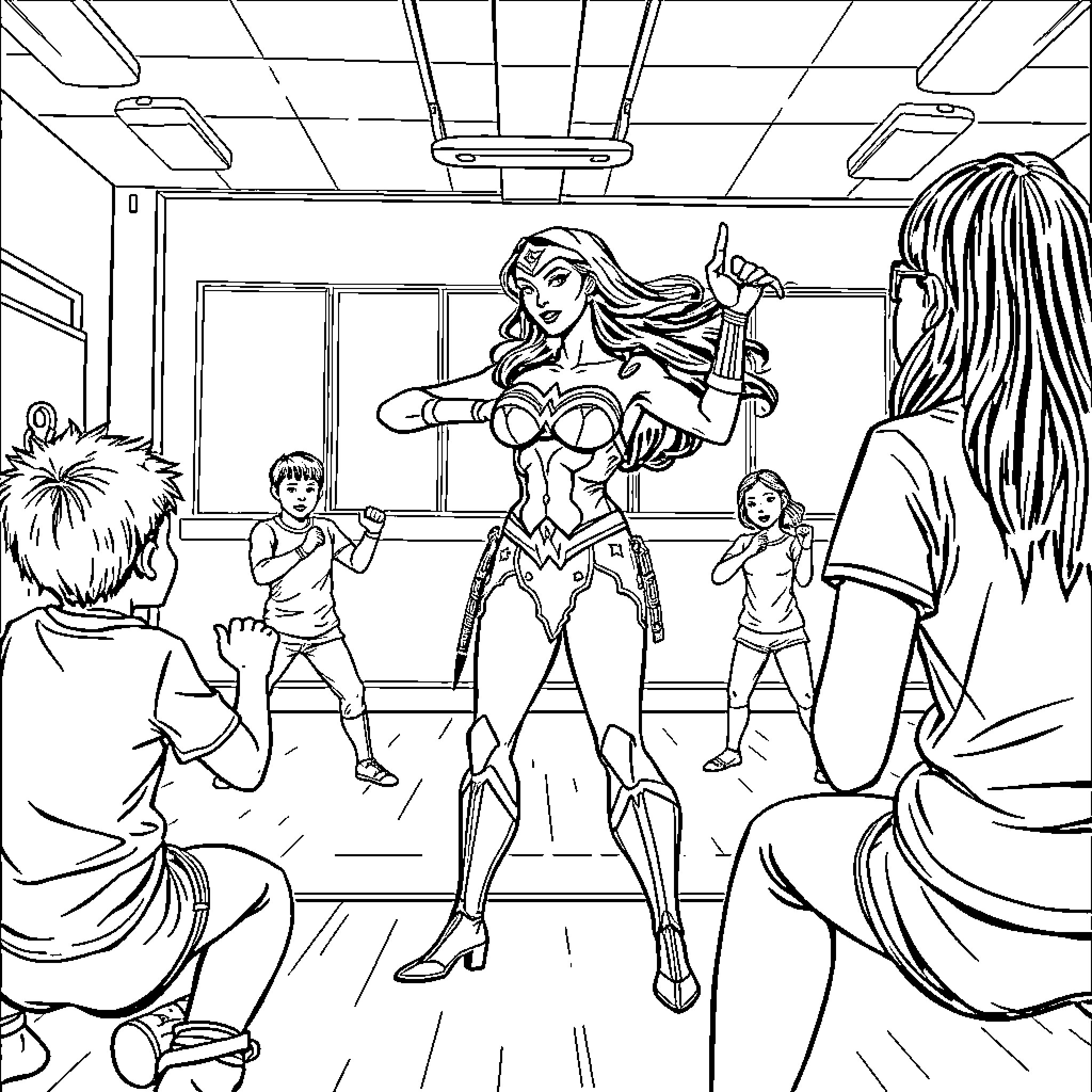 Wonder Woman Empowering Students in the Classroom Coloring Page (free black-and-white line drawing printable PDF for all, from beginners to advanced learners, including children, teens, adults, and seniors)