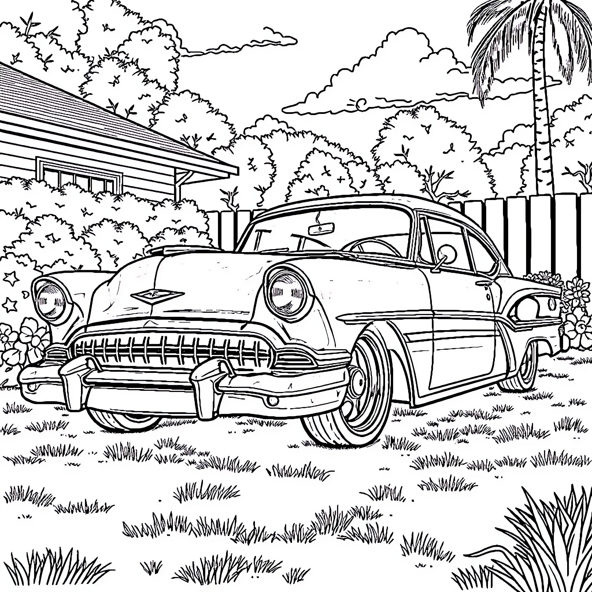 Lowrider showcasing its style in a tropical setting Coloring Page (free black-and-white line drawing printable PDF for all, from beginners to advanced learners, including children, teens, adults, and seniors)