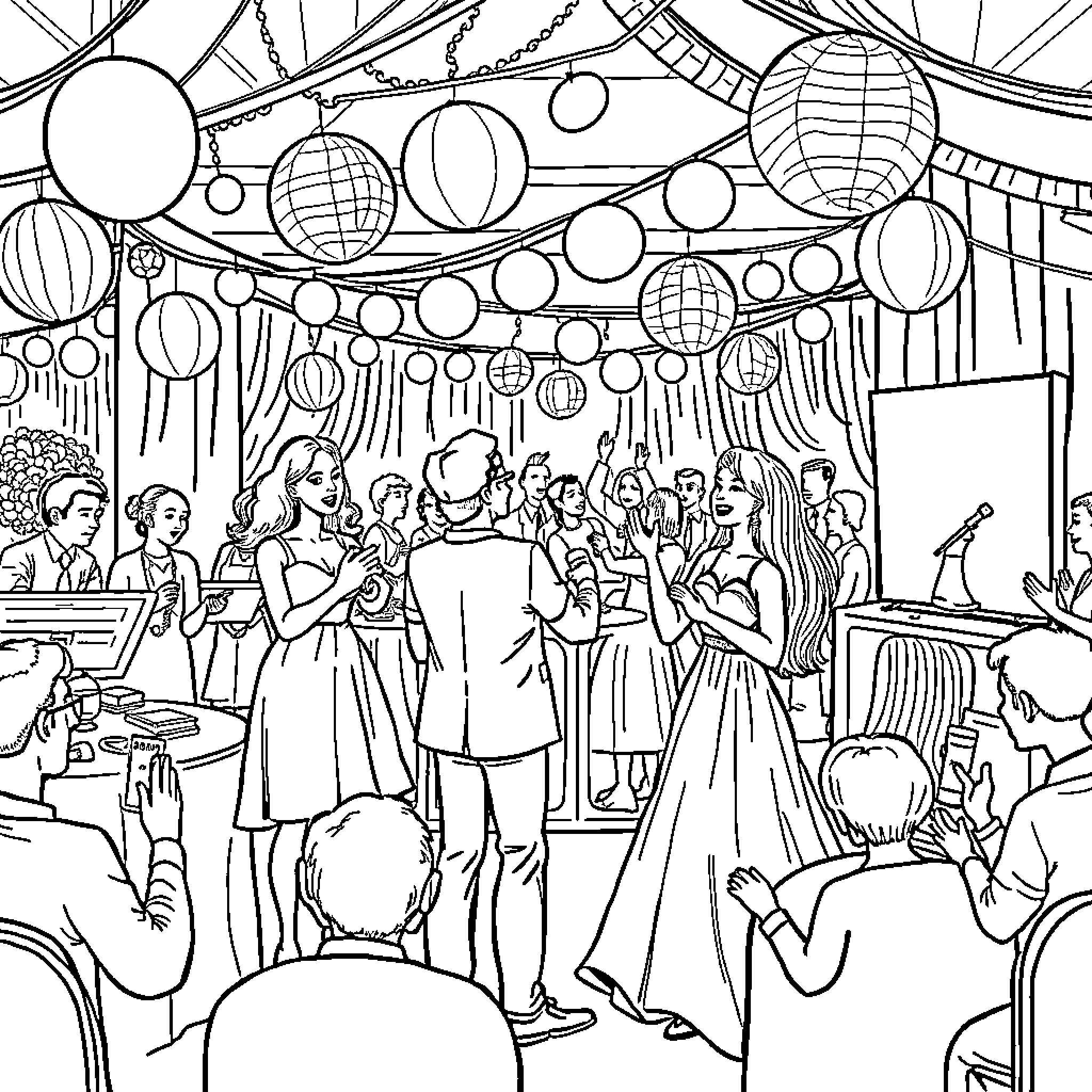 Party Celebration with Festive Decorations and Joyful Guests Coloring Page (free black-and-white line drawing printable PDF for all, from beginners to advanced learners, including children, teens, adults, and seniors)
