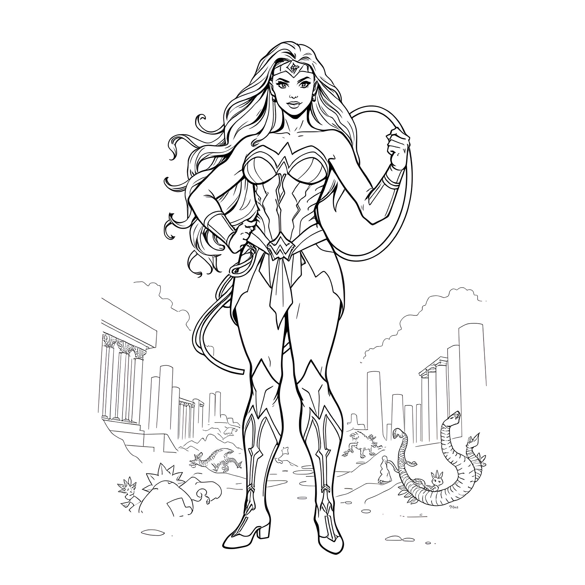 Wonder Woman in heroic pose with cityscape backdrop Coloring Page (free black-and-white line drawing printable PDF for all, from beginners to advanced learners, including children, teens, adults, and seniors)