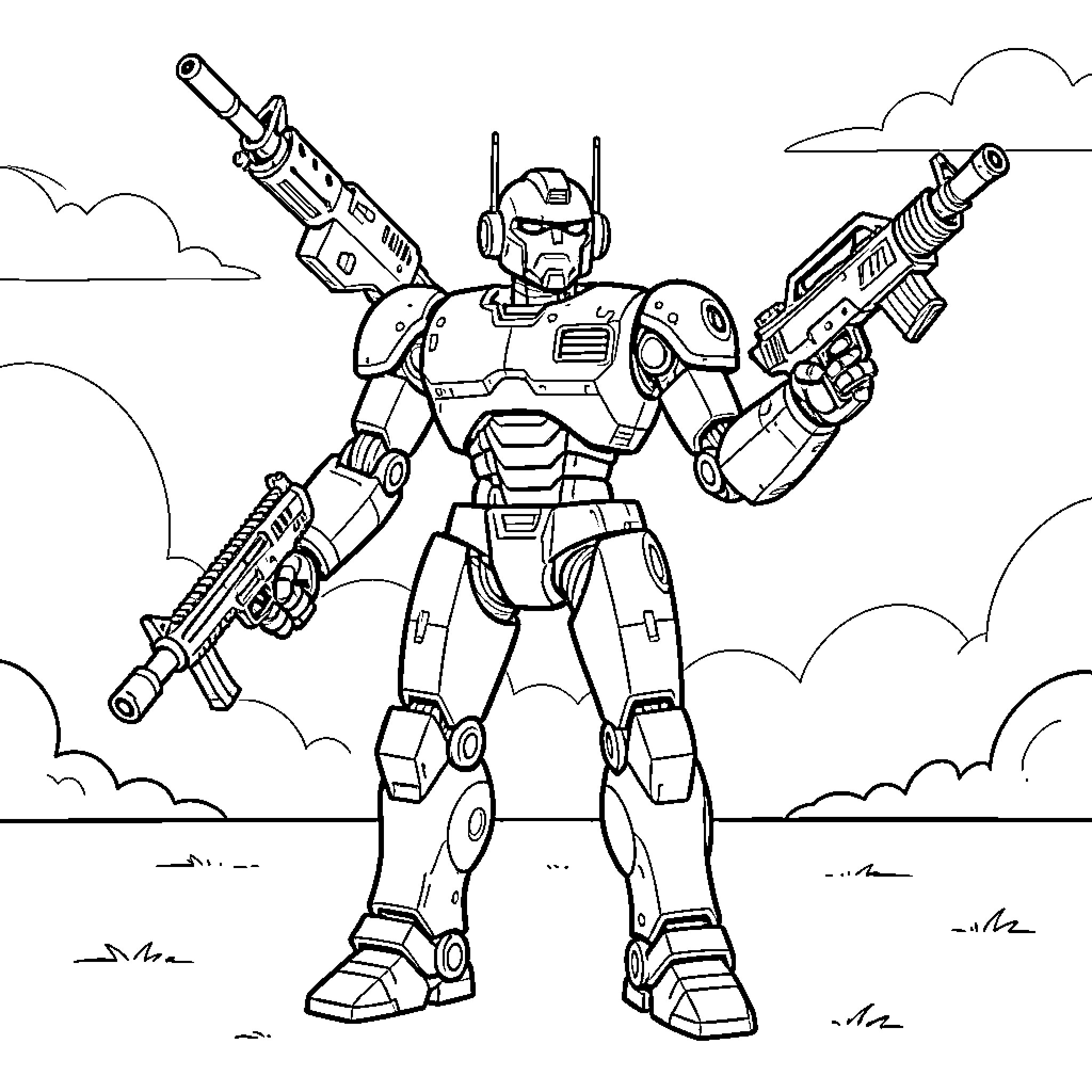 Robot holding multiple weapons in a combat stance Coloring Page (free black-and-white line drawing printable PDF for all, from beginners to advanced learners, including children, teens, adults, and seniors)