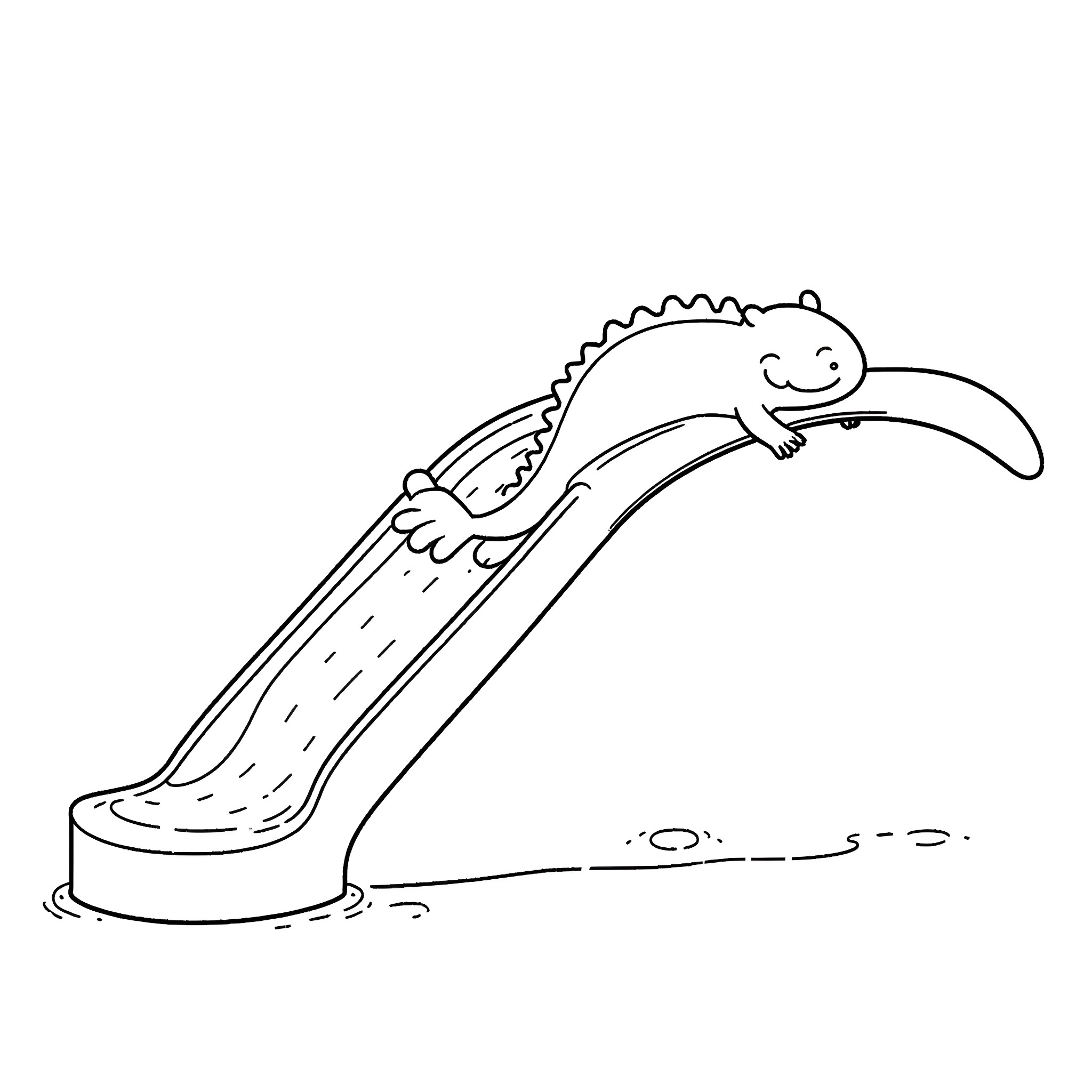 Axolotl sliding down a slide happily Coloring Page (free black-and-white line drawing printable PDF for all, from beginners to advanced learners, including children, teens, adults, and seniors)