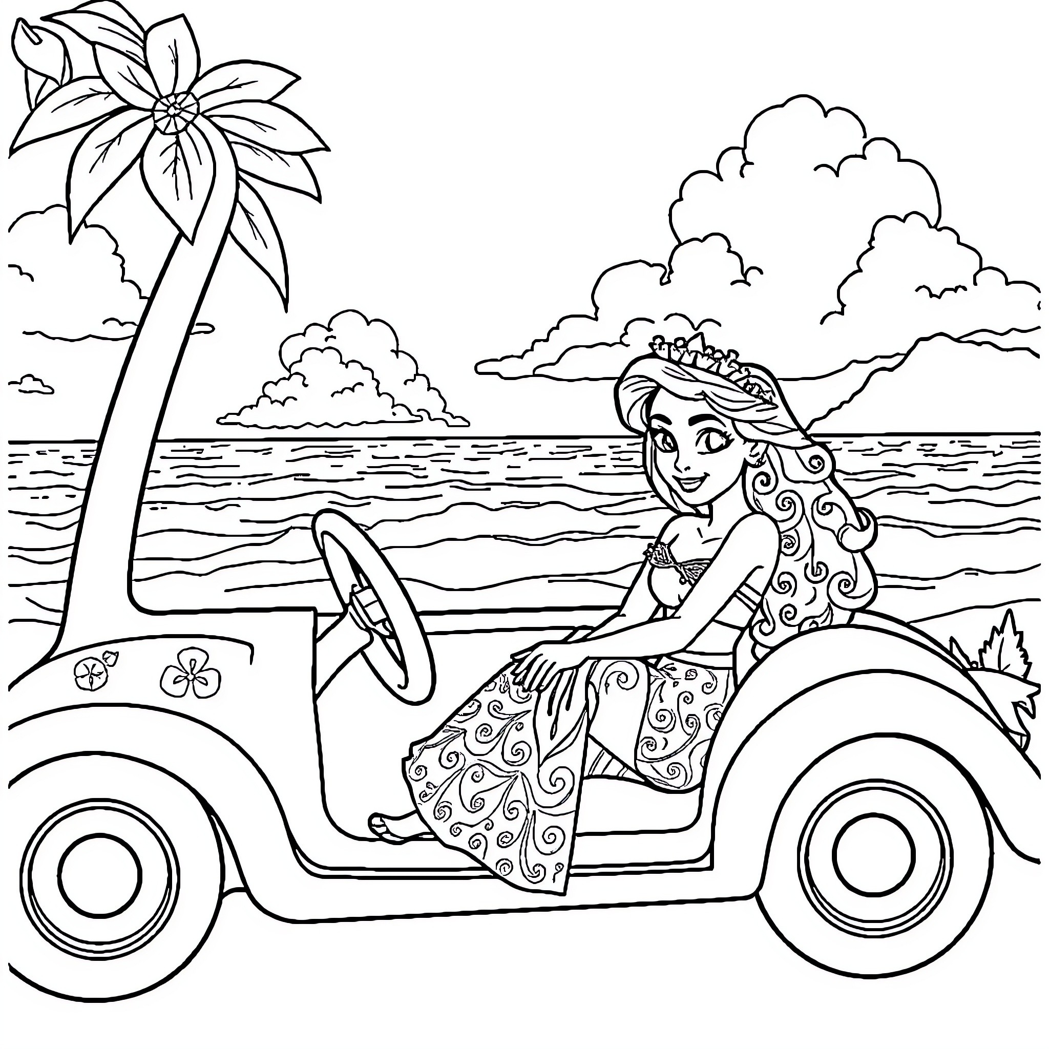 Vaiana enjoying a sunny beach drive on a buggy Coloring Page (free black-and-white line drawing printable PDF for all, from beginners to advanced learners, including children, teens, adults, and seniors)
