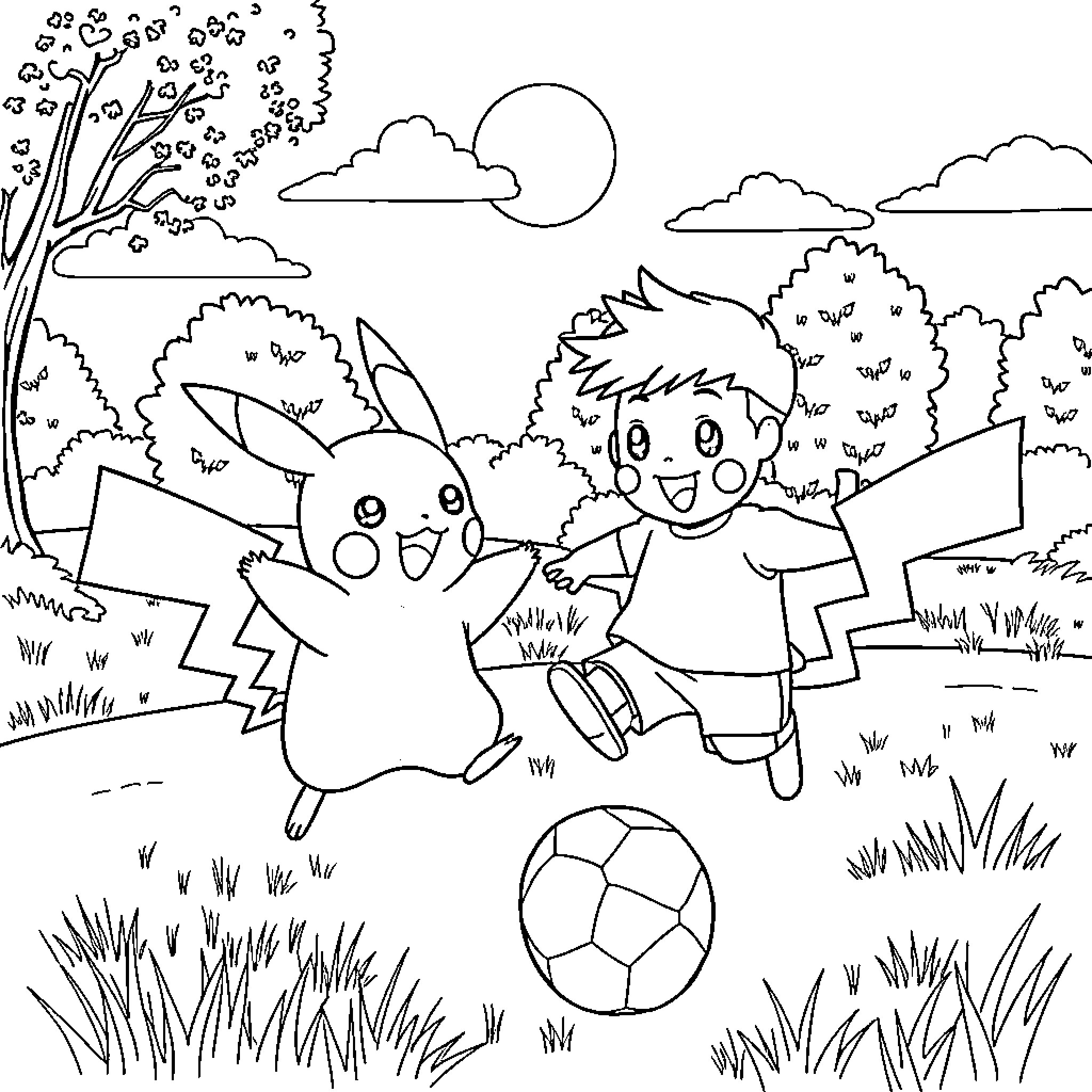 Pikachu and boy playing soccer in the park Coloring Page (free black-and-white line drawing printable PDF for all, from beginners to advanced learners, including children, teens, adults, and seniors)