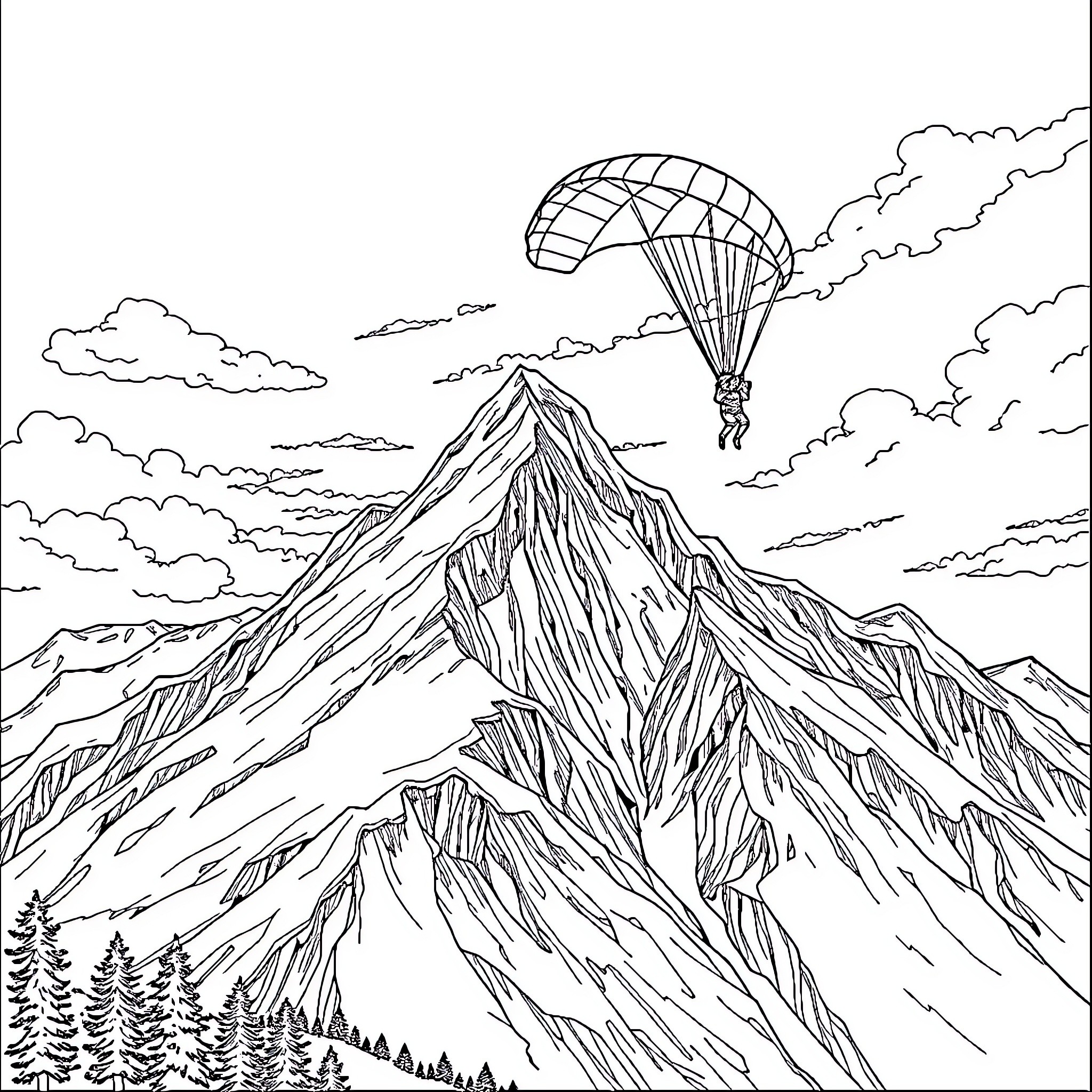Mountain scene with parachuting figure Coloring Page (free black-and-white line drawing printable PDF for all, from beginners to advanced learners, including children, teens, adults, and seniors)