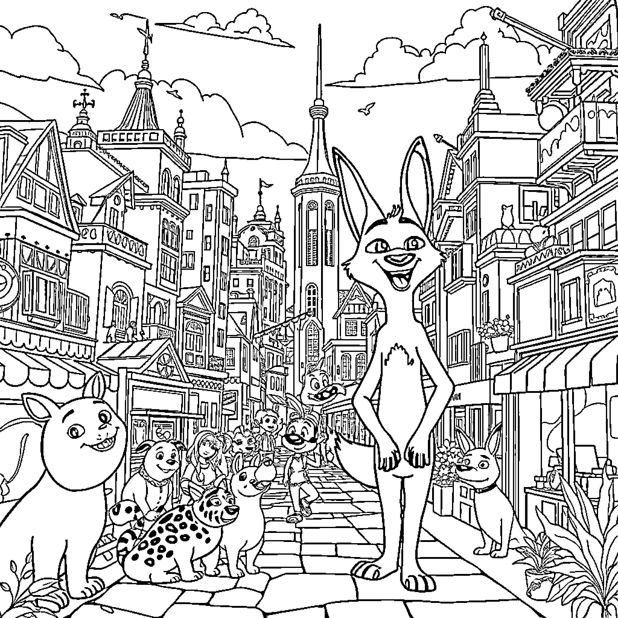 Zootopia: Animal Characters in a Bustling City Coloring Page (free black-and-white line drawing printable PDF for all, from beginners to advanced learners, including children, teens, adults, and seniors)