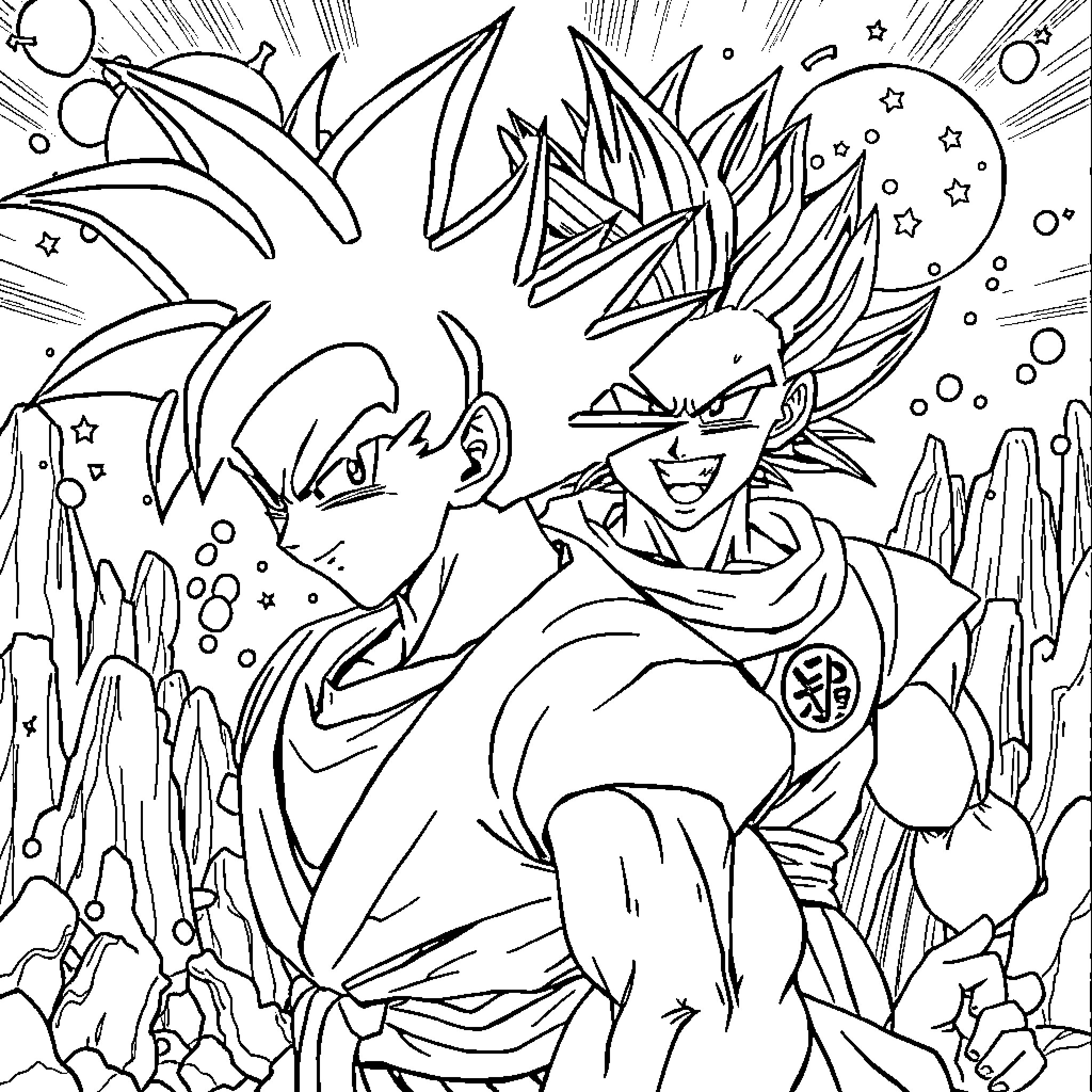 Dragon Ball Characters Battling in Dramatic Scene Coloring Page (free black-and-white line drawing printable PDF for all, from beginners to advanced learners, including children, teens, adults, and seniors)