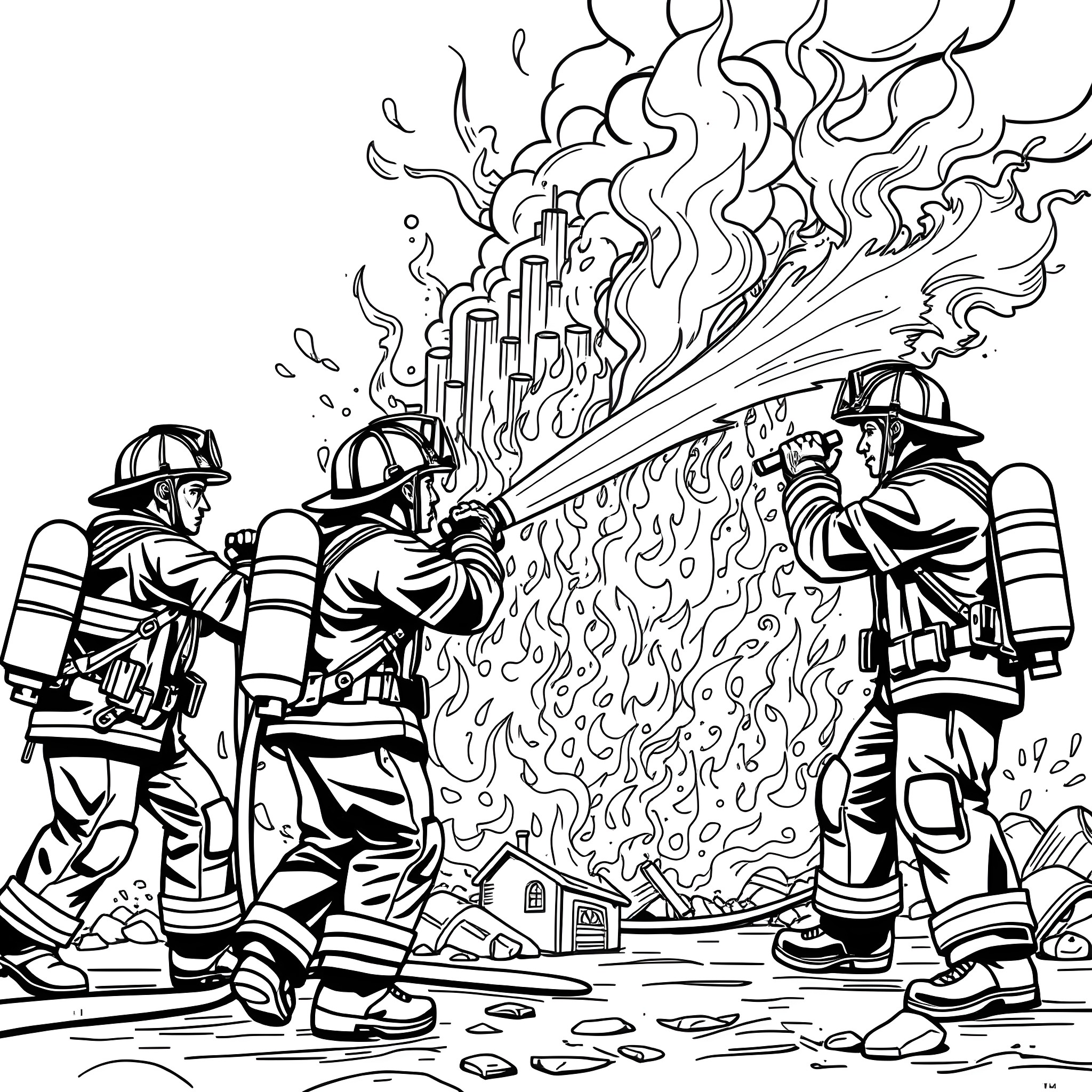 Firefighter Battling Intense Flames and Smoke Coloring Page (free black-and-white line drawing printable PDF for all, from beginners to advanced learners, including children, teens, adults, and seniors)
