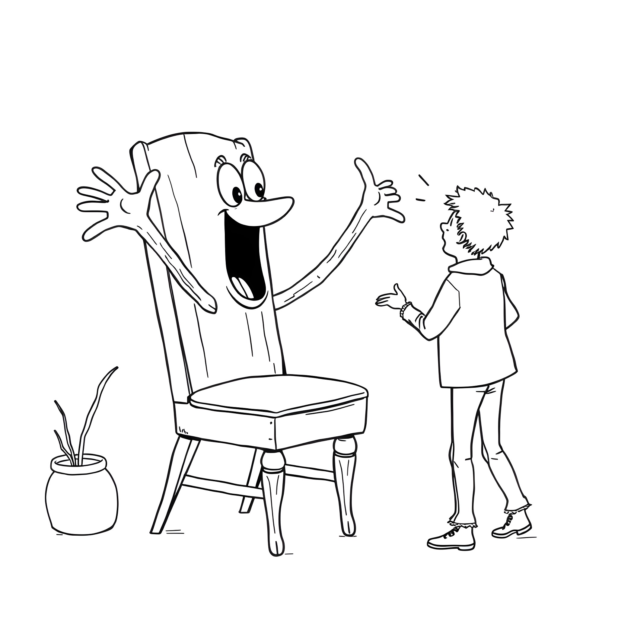 Chair with friendly expression and a person Coloring Page (free black-and-white line drawing printable PDF for all, from beginners to advanced learners, including children, teens, adults, and seniors)
