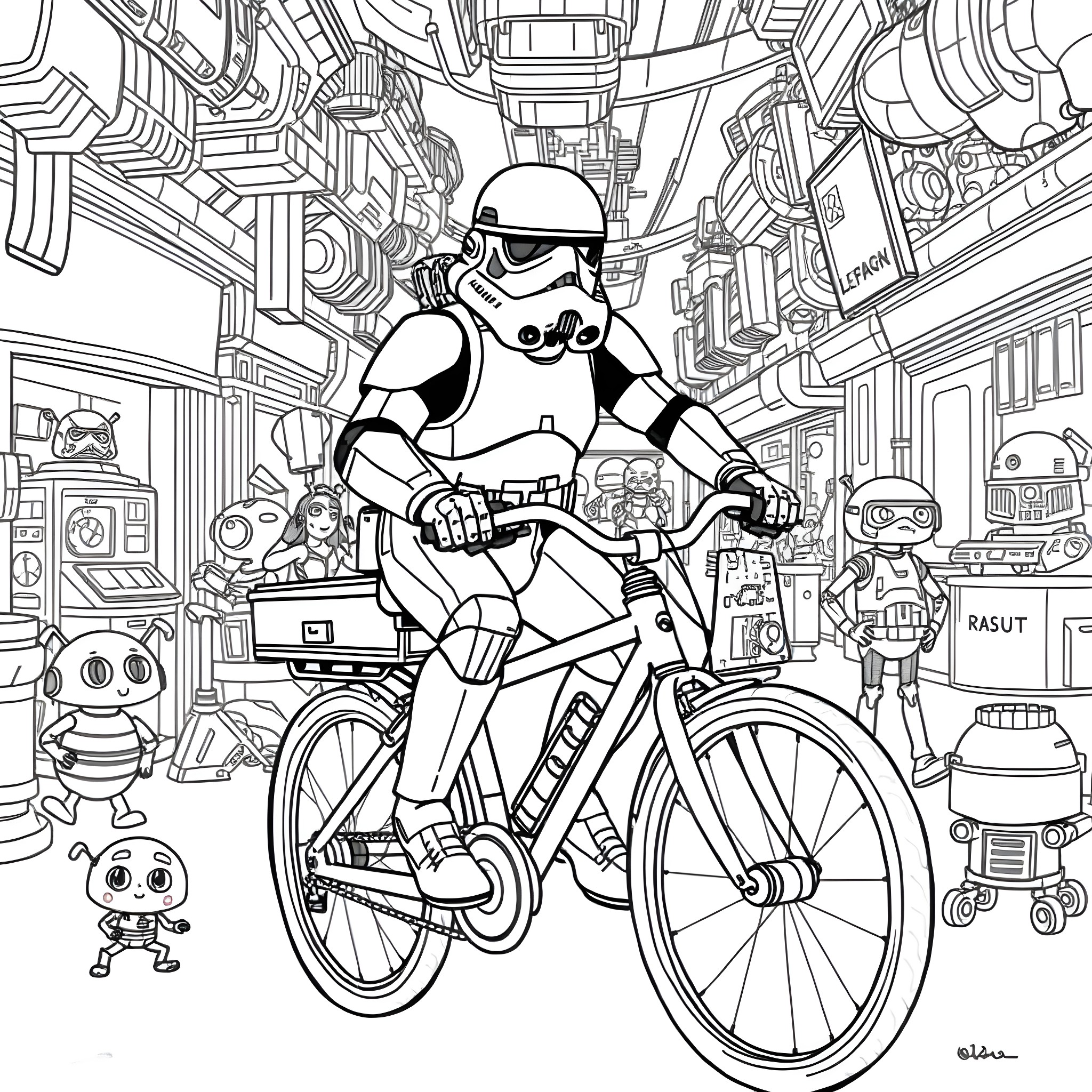 Stormtrooper Navigating the Futuristic City on a Bicycle Coloring Page (free black-and-white line drawing printable PDF for all, from beginners to advanced learners, including children, teens, adults, and seniors)