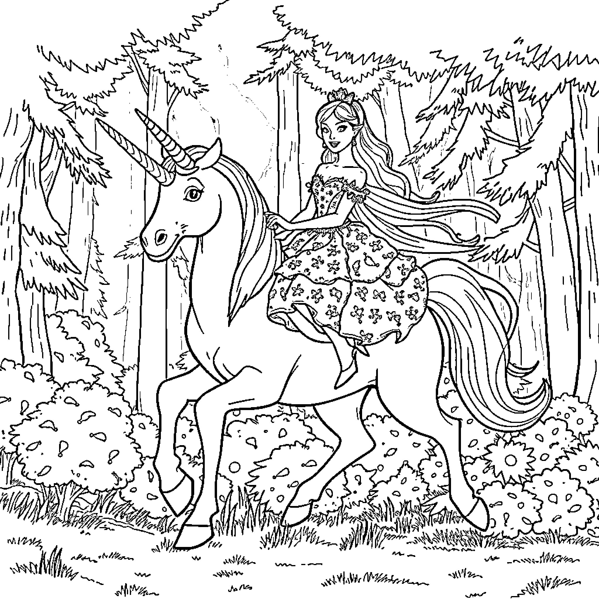 Cinderella riding a unicorn in the enchanted forest Coloring Page (free black-and-white line drawing printable PDF for all, from beginners to advanced learners, including children, teens, adults, and seniors)