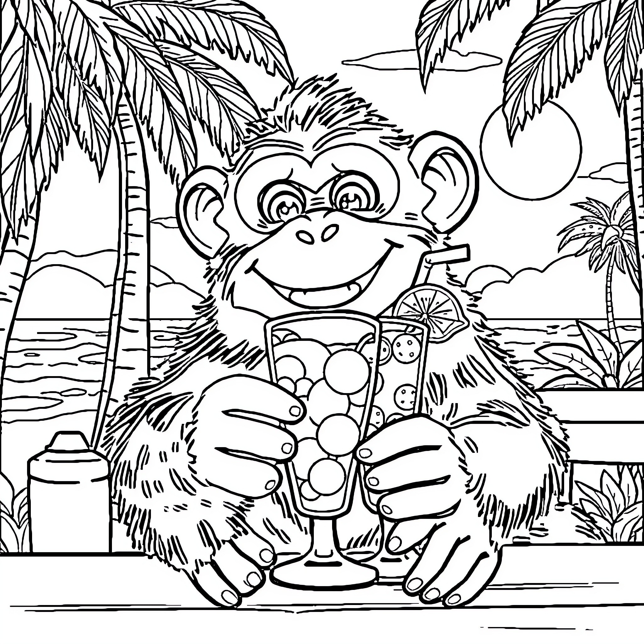 Monkey enjoying a refreshing drink on the beach Coloring Page (free black-and-white line drawing printable PDF for all, from beginners to advanced learners, including children, teens, adults, and seniors)