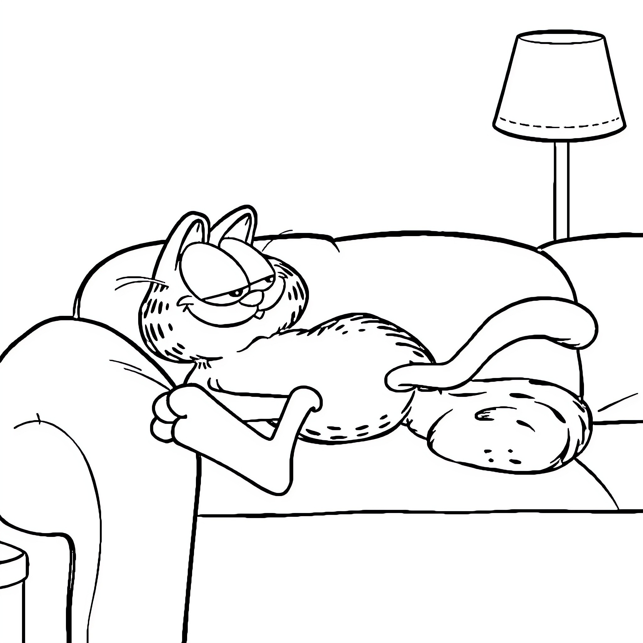 Garfield relaxing comfortably on the couch Coloring Page (free black-and-white line drawing printable PDF for all, from beginners to advanced learners, including children, teens, adults, and seniors)