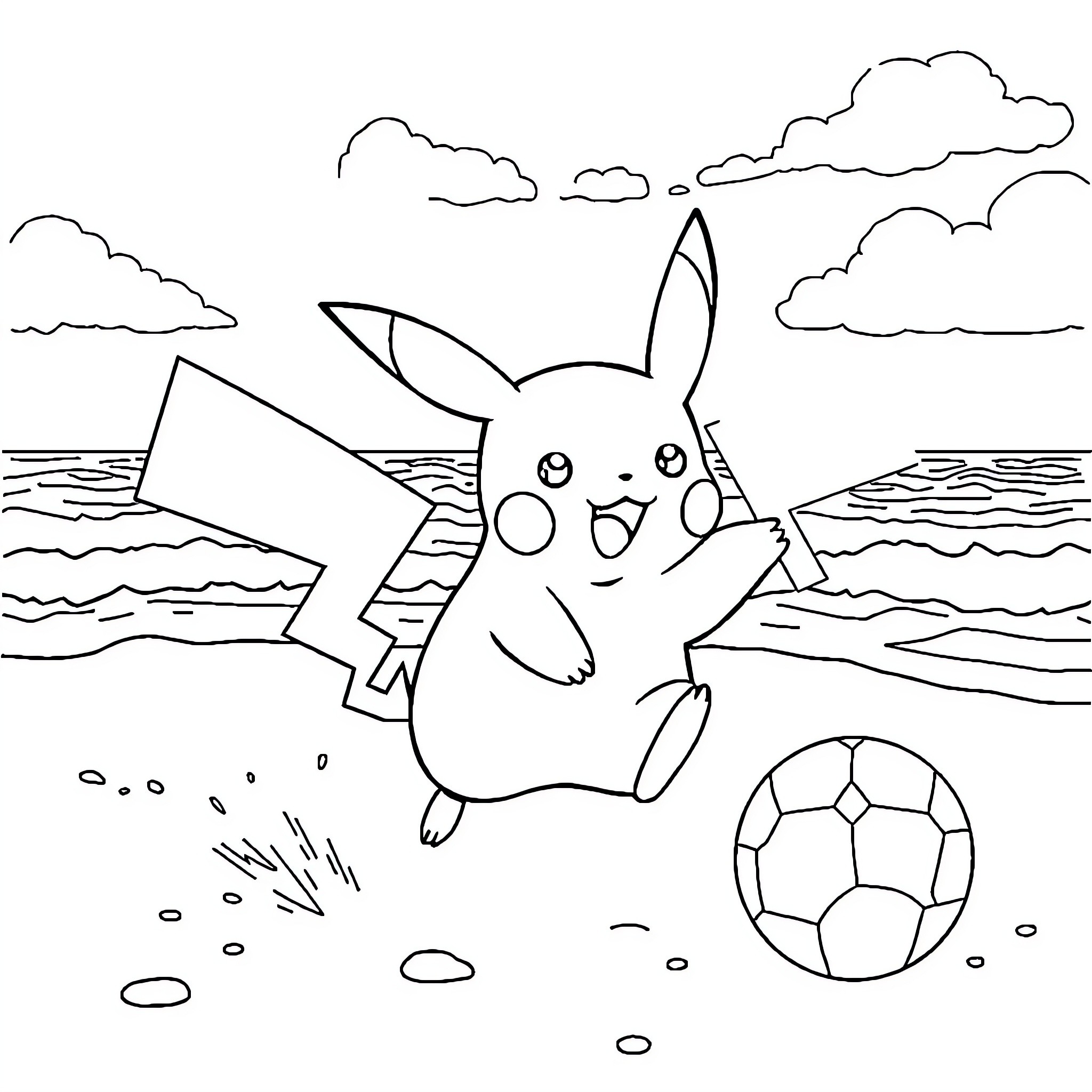 Pikachu playing with soccer ball on the beach Coloring Page (free black-and-white line drawing printable PDF for all, from beginners to advanced learners, including children, teens, adults, and seniors)