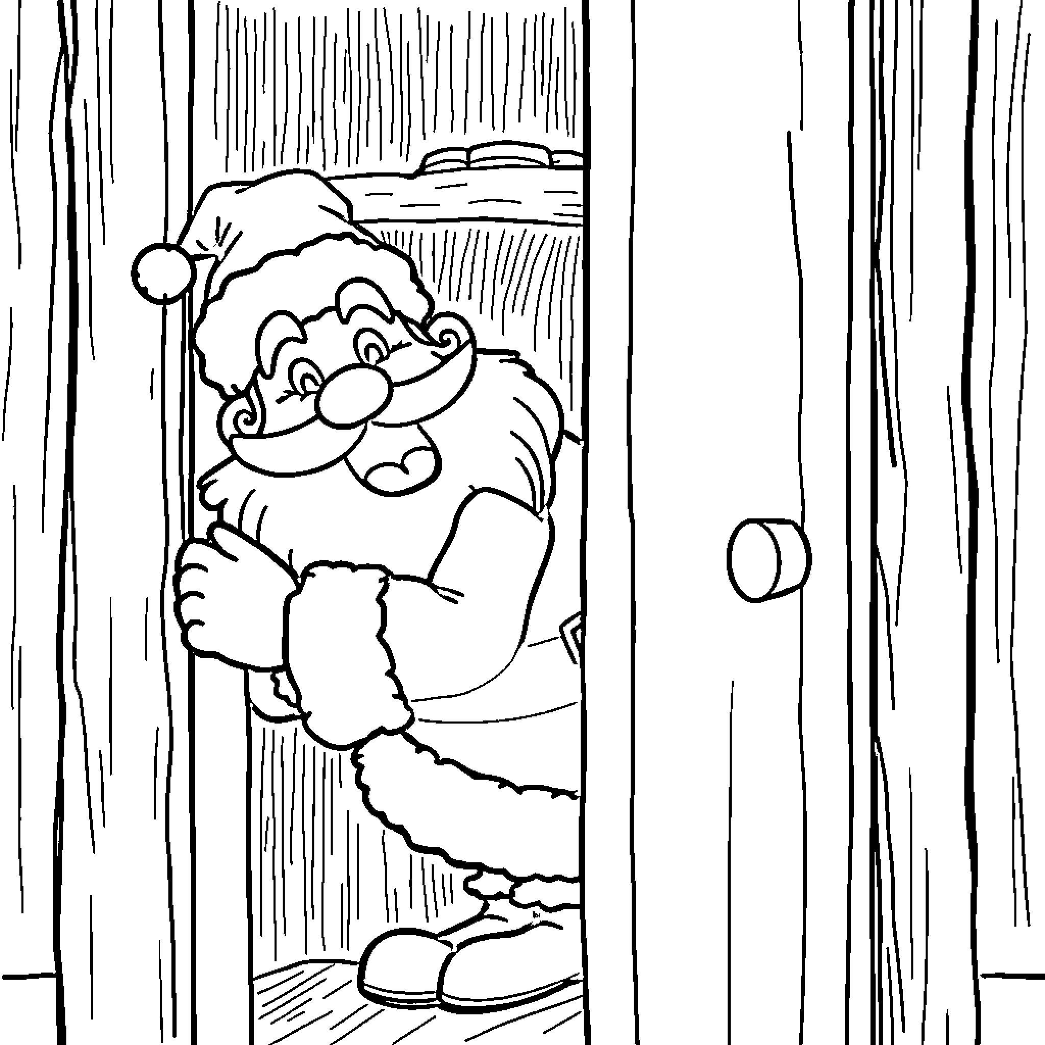 Santa Claus peeking through a wooden door Coloring Page (free black-and-white line drawing printable PDF for all, from beginners to advanced learners, including children, teens, adults, and seniors)