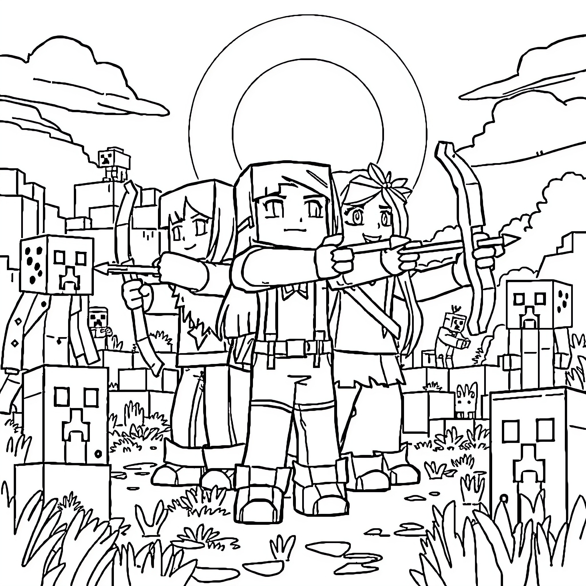 Alex's Minecraft Adventure in the City Coloring Page (free black-and-white line drawing printable PDF for all, from beginners to advanced learners, including children, teens, adults, and seniors)