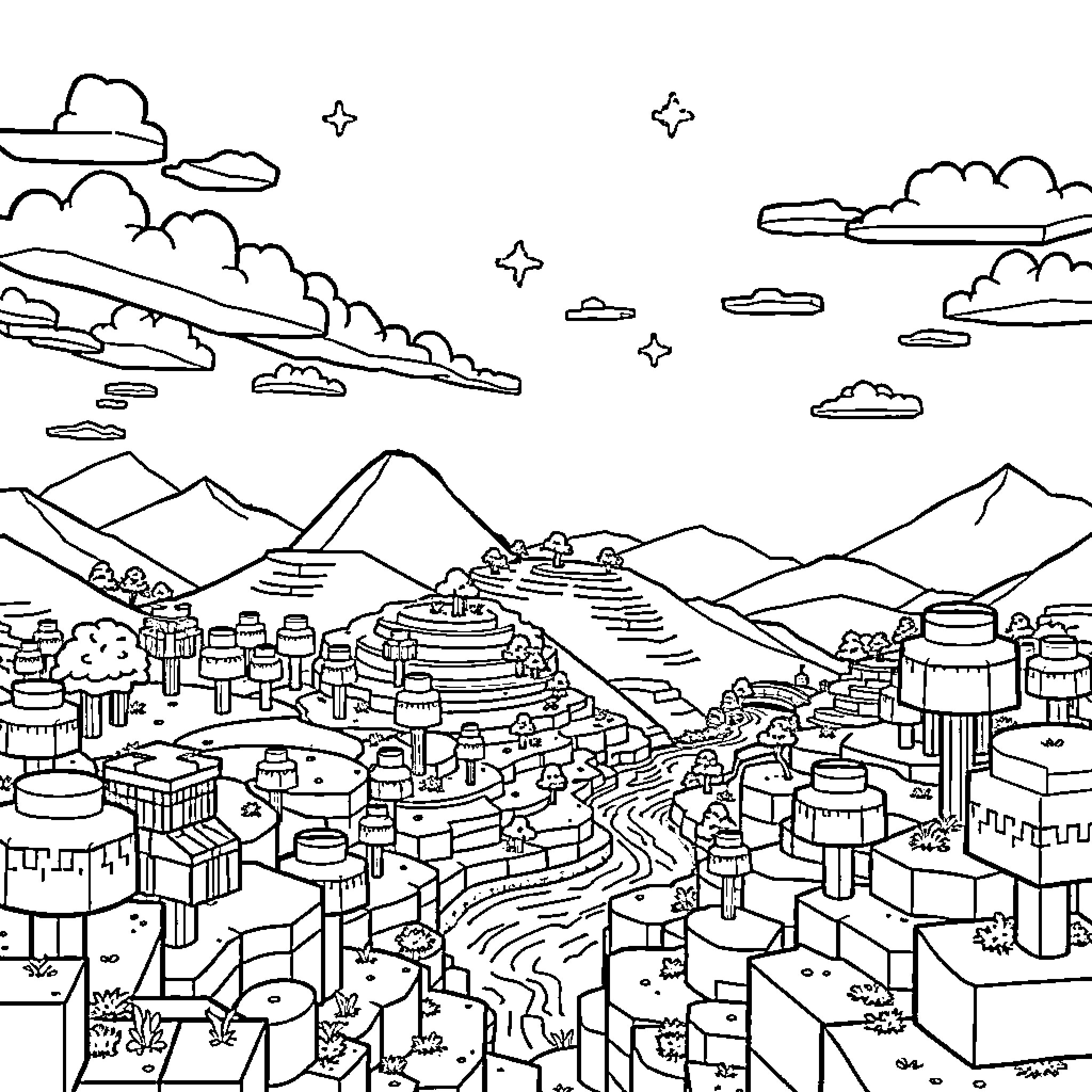 Minecraft landscape with mountainous terrain and buildings Coloring Page (free black-and-white line drawing printable PDF for all, from beginners to advanced learners, including children, teens, adults, and seniors)