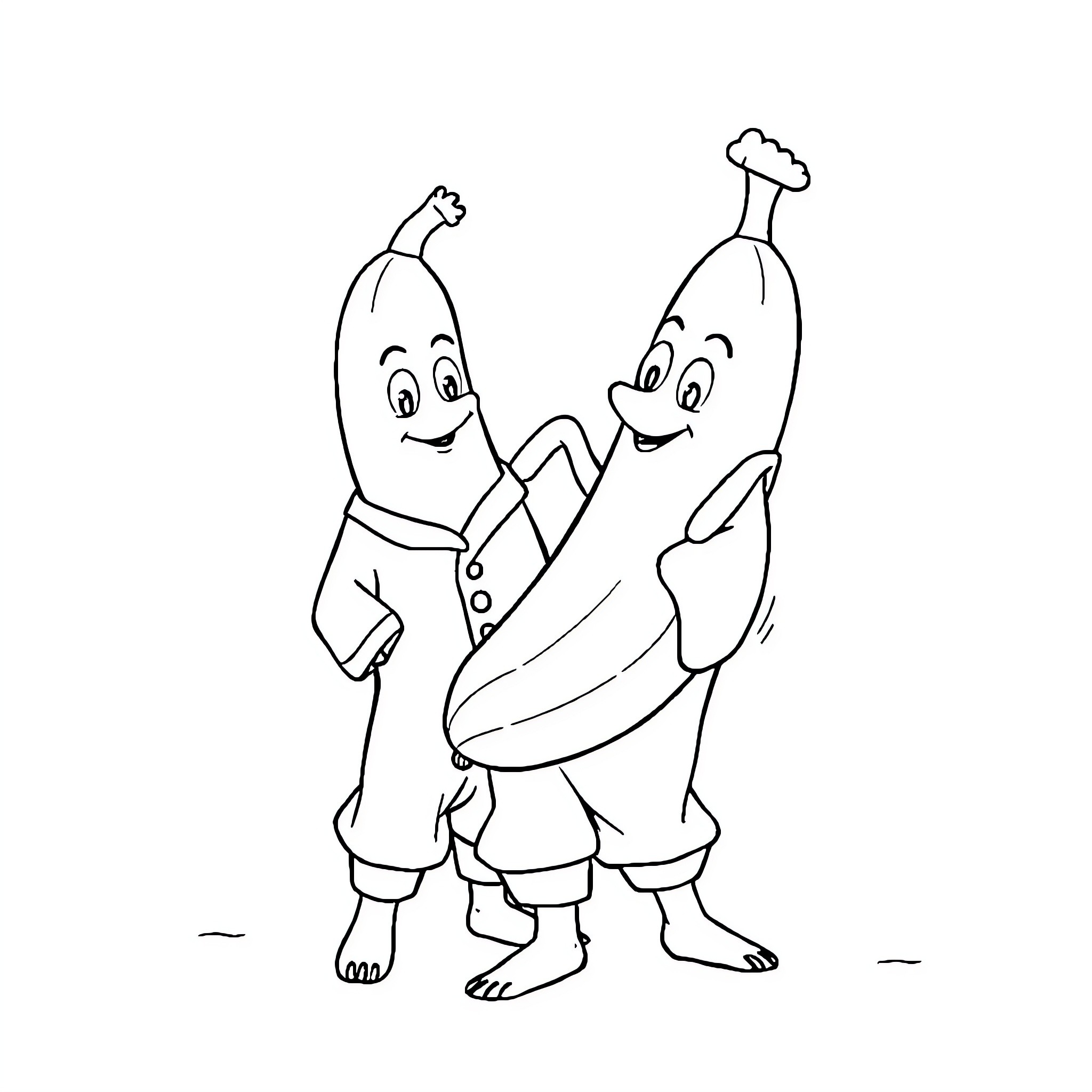 Bananas in a friendly embrace Coloring Page (free black-and-white line drawing printable PDF for all, from beginners to advanced learners, including children, teens, adults, and seniors)