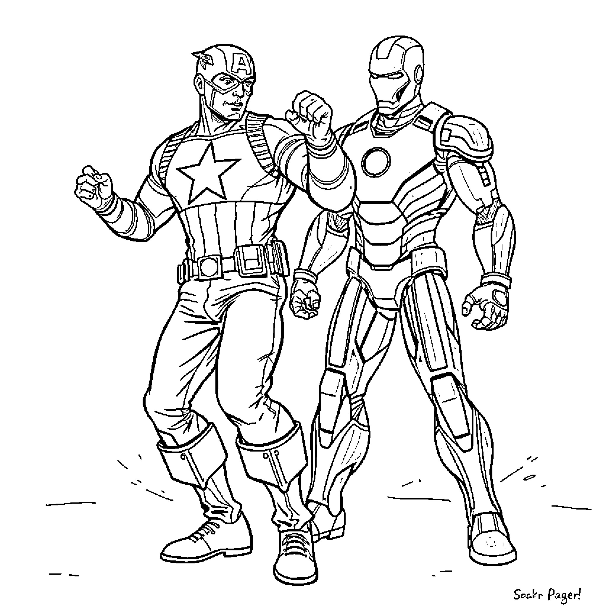 Captain America and Iron Man in heroic poses Coloring Page (free black-and-white line drawing printable PDF for all, from beginners to advanced learners, including children, teens, adults, and seniors)