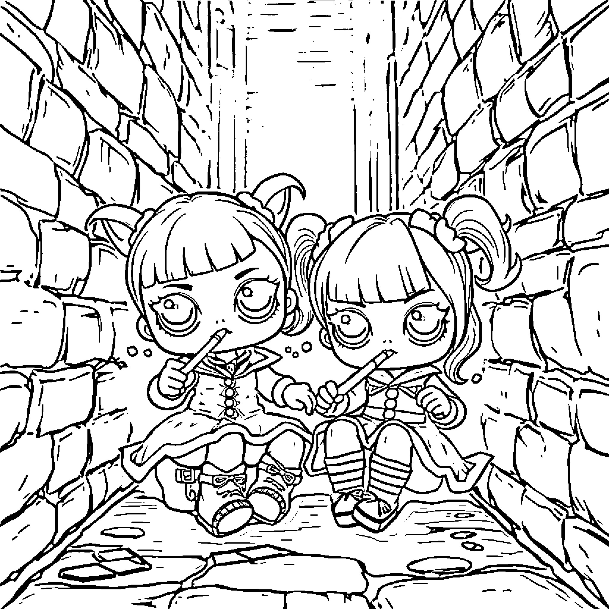 Lol Dolls exploring spooky dungeon together Coloring Page (free black-and-white line drawing printable PDF for all, from beginners to advanced learners, including children, teens, adults, and seniors)