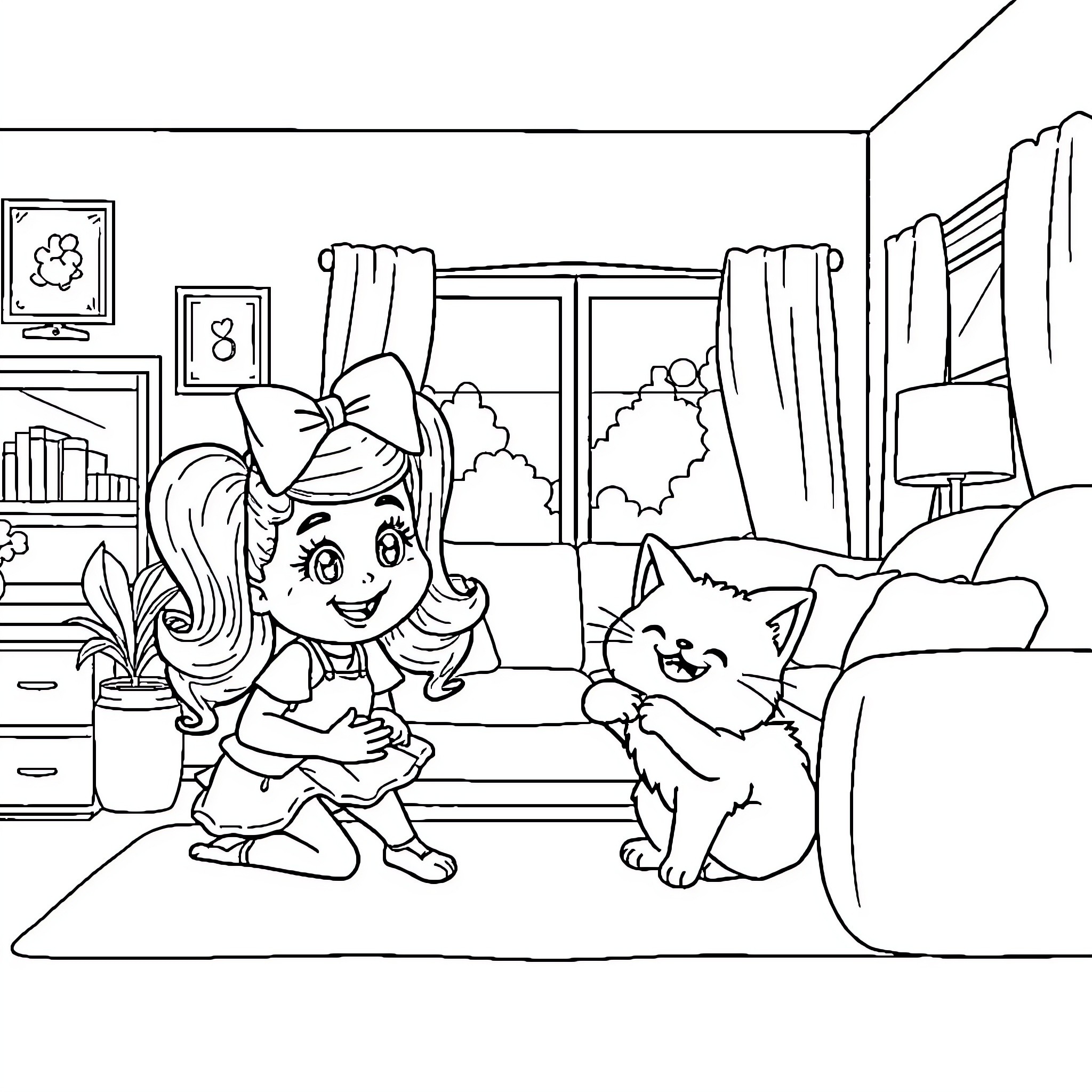 Jojo Siwa plays with her pet cat in her room Coloring Page (free black-and-white line drawing printable PDF for all, from beginners to advanced learners, including children, teens, adults, and seniors)
