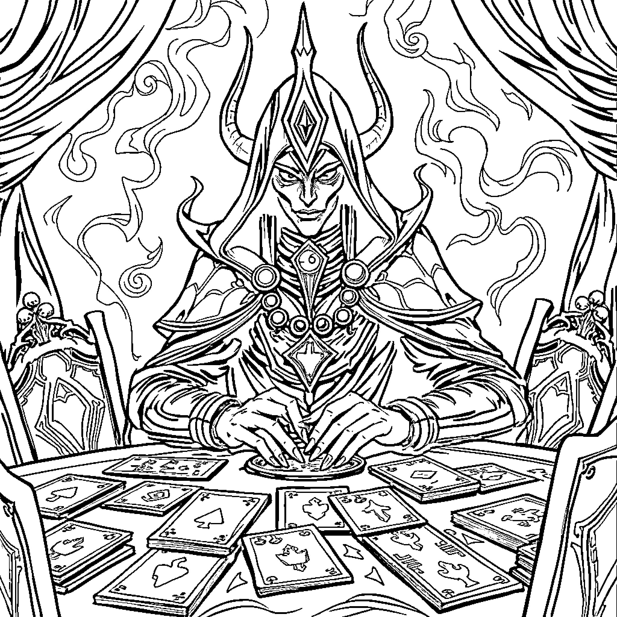 Sheoldred's Mystic Divination Coloring Page (free black-and-white line drawing printable PDF for all, from beginners to advanced learners, including children, teens, adults, and seniors)