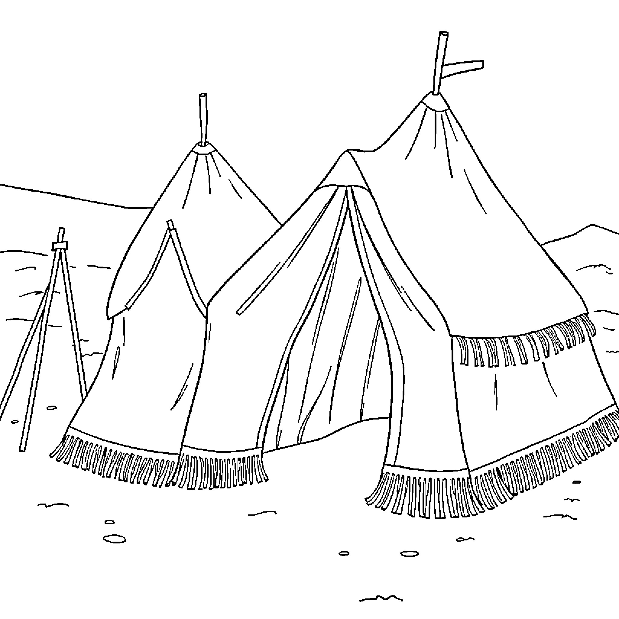 Tent Encampment in the Wilderness Coloring Page (free black-and-white line drawing printable PDF for all, from beginners to advanced learners, including children, teens, adults, and seniors)
