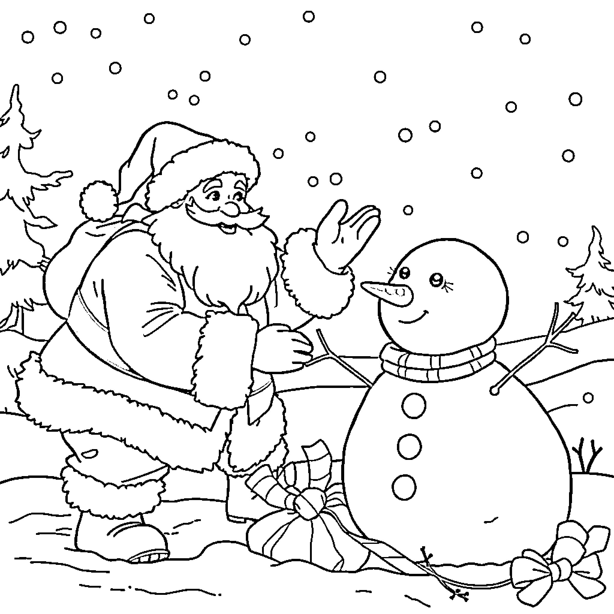 Santa greeting a friendly snowman in the winter wonderland Coloring Page (free black-and-white line drawing printable PDF for all, from beginners to advanced learners, including children, teens, adults, and seniors)