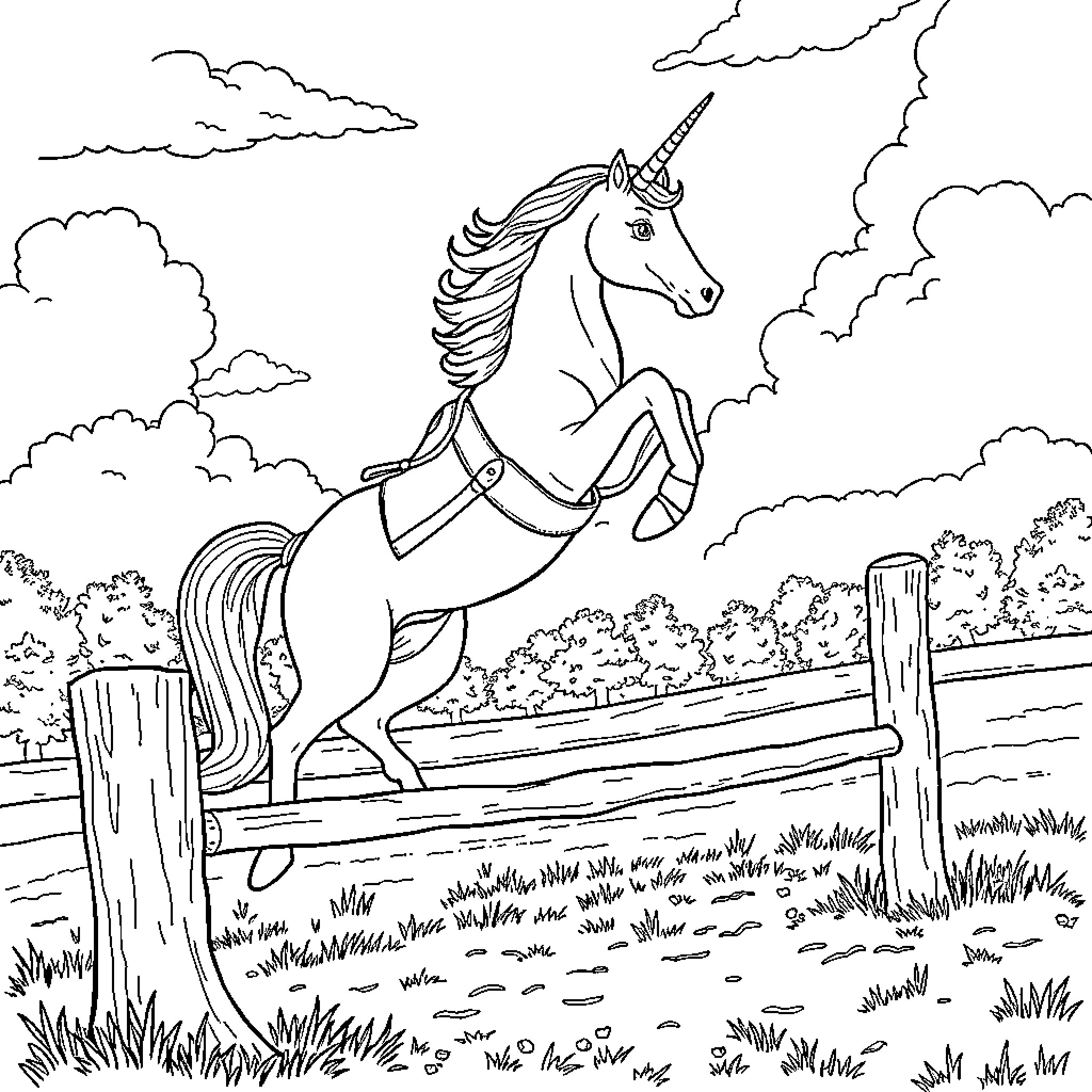 Unicorn galloping through enchanted woodland Coloring Page (free black-and-white line drawing printable PDF for all, from beginners to advanced learners, including children, teens, adults, and seniors)