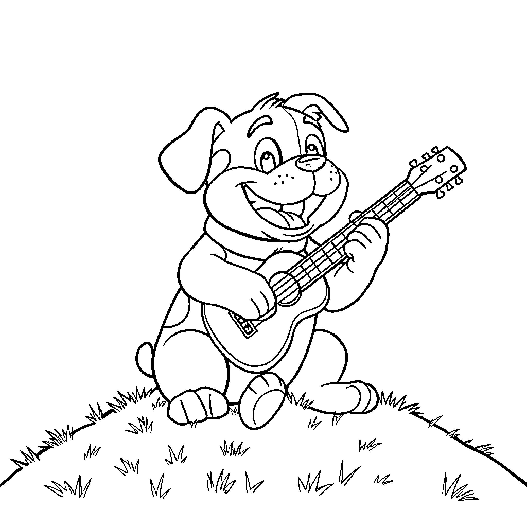 Rubble of happy dog playing guitar in field Coloring Page (free black-and-white line drawing printable PDF for all, from beginners to advanced learners, including children, teens, adults, and seniors)
